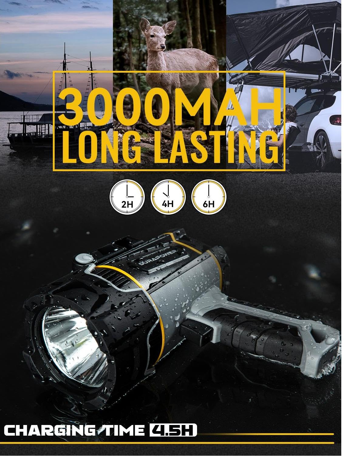 Durapower Rechargeable Spotlight with High Lumen, IP67 Waterproof Spotlight Flashlight, Long Lasting Portable Handheld Spot Light for Marine Boat Hunting