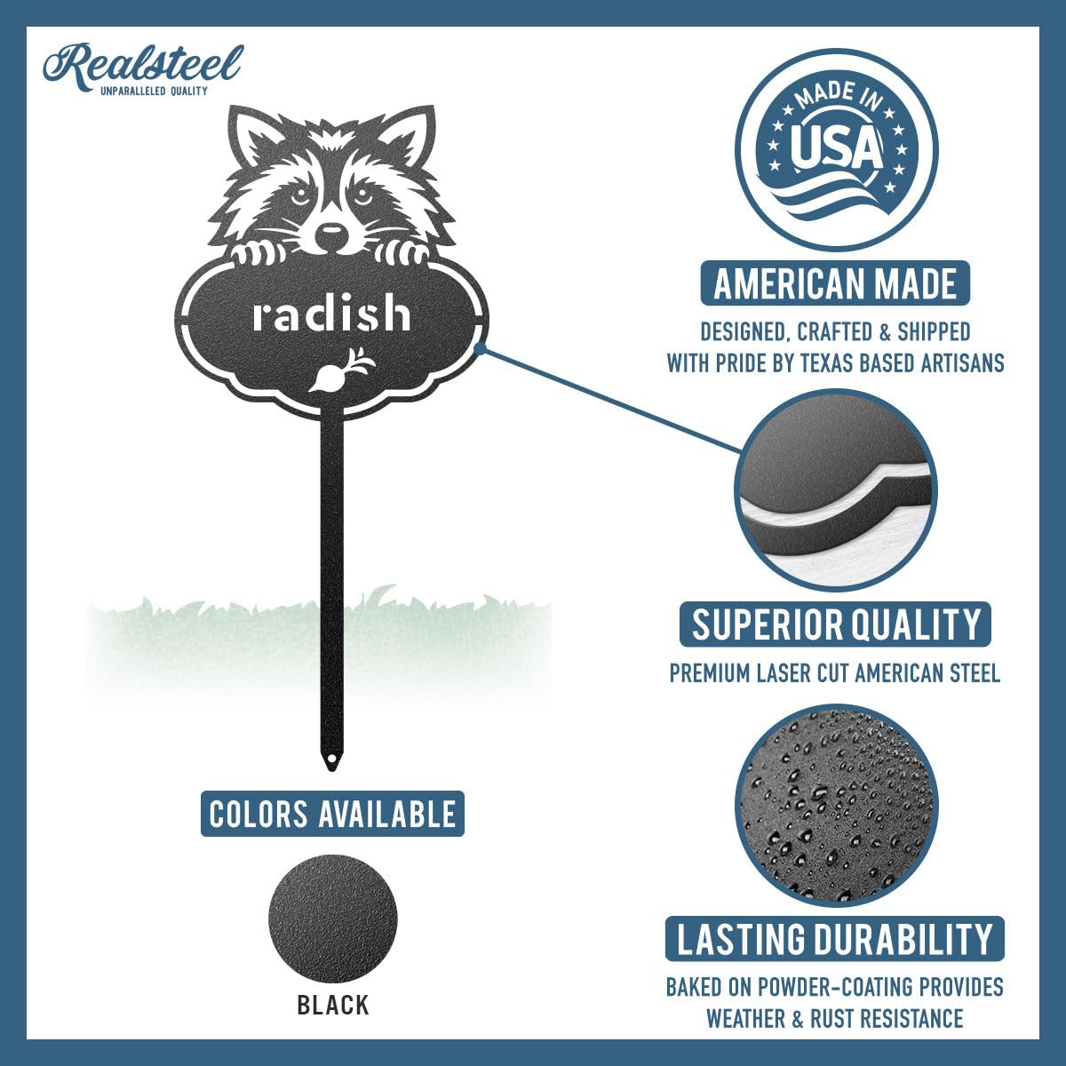 RealSteel Rocky the Raccoon Plant Markers – Cute Metal Garden Labels for Herbs & Vegetables | Outdoor Steel Plant Stakes for Garden, Greenhouse & Raised Beds | Gardening Gift | USA (THYME-B-6X13)