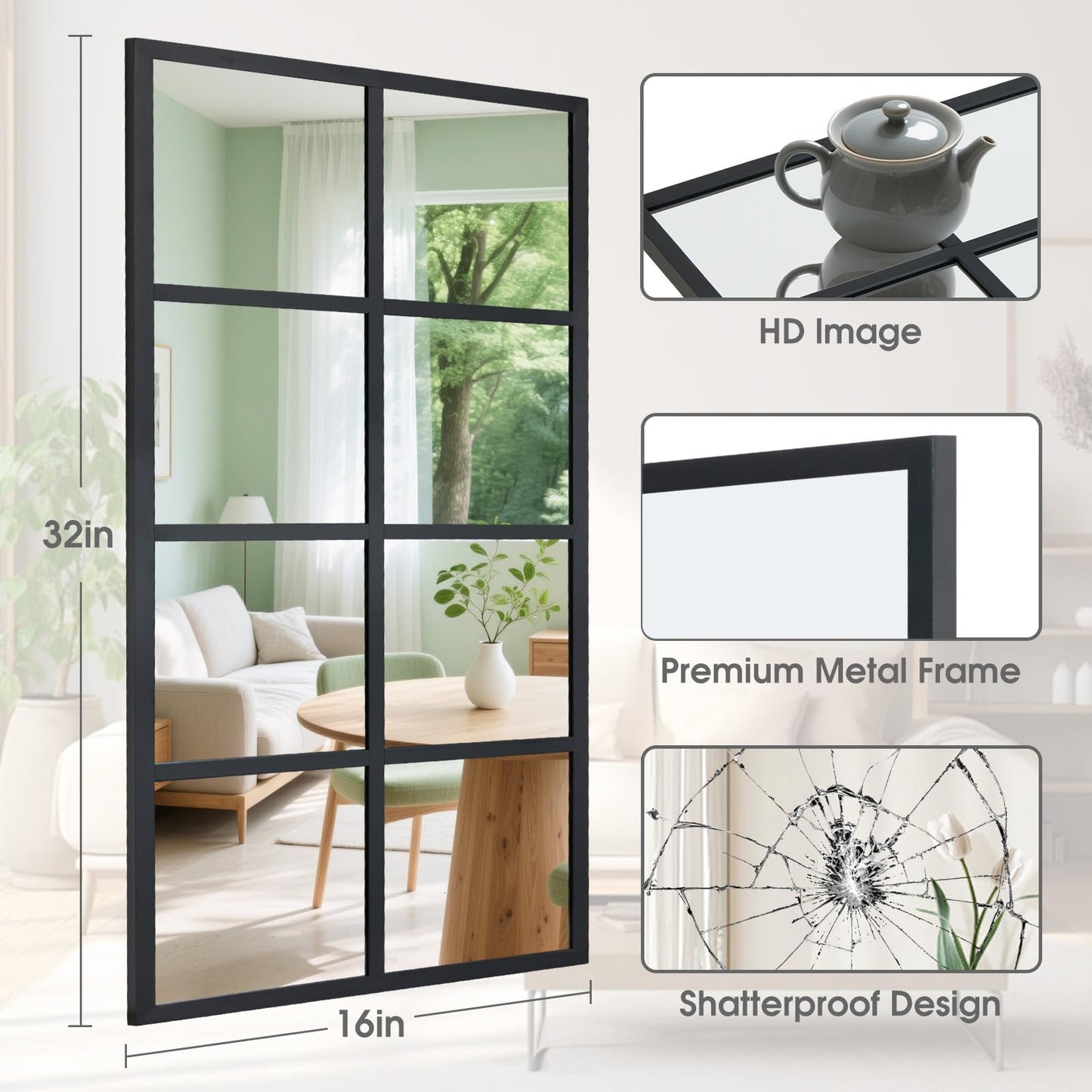 DUMOS Wall Mirror 16" x 32", Set of 2 Rectangle Window Pane Decorative Mirrors, Metal Framed Wall Mounted Mirror for Bathroom, Bedroom, Entryway