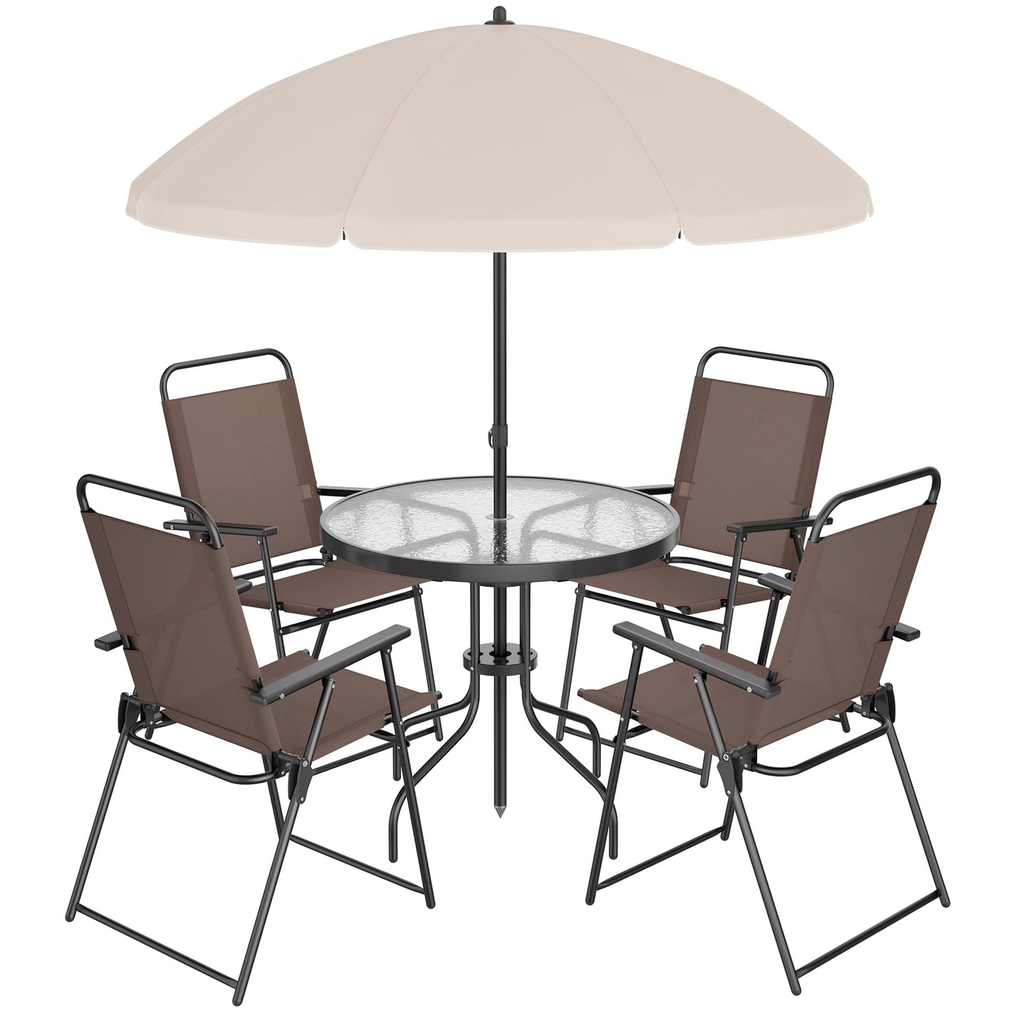 Shintenchi 6 Piece Patio Dining Set with Umbrella, Outdoor Furniture Set with 4 Folding Chairs and Tempered Glass Top Dining Table fot Lawn Backyard Garden Porch Brown and Beige