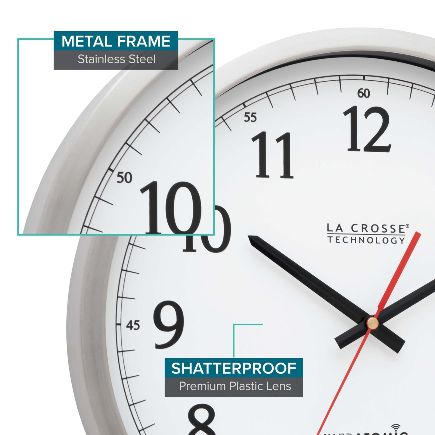 La Crosse Technology 404-1235UA-PL UltrAtomic 14 inch Stainless Steel Wall Clock, Shatterproof Lens, Silver