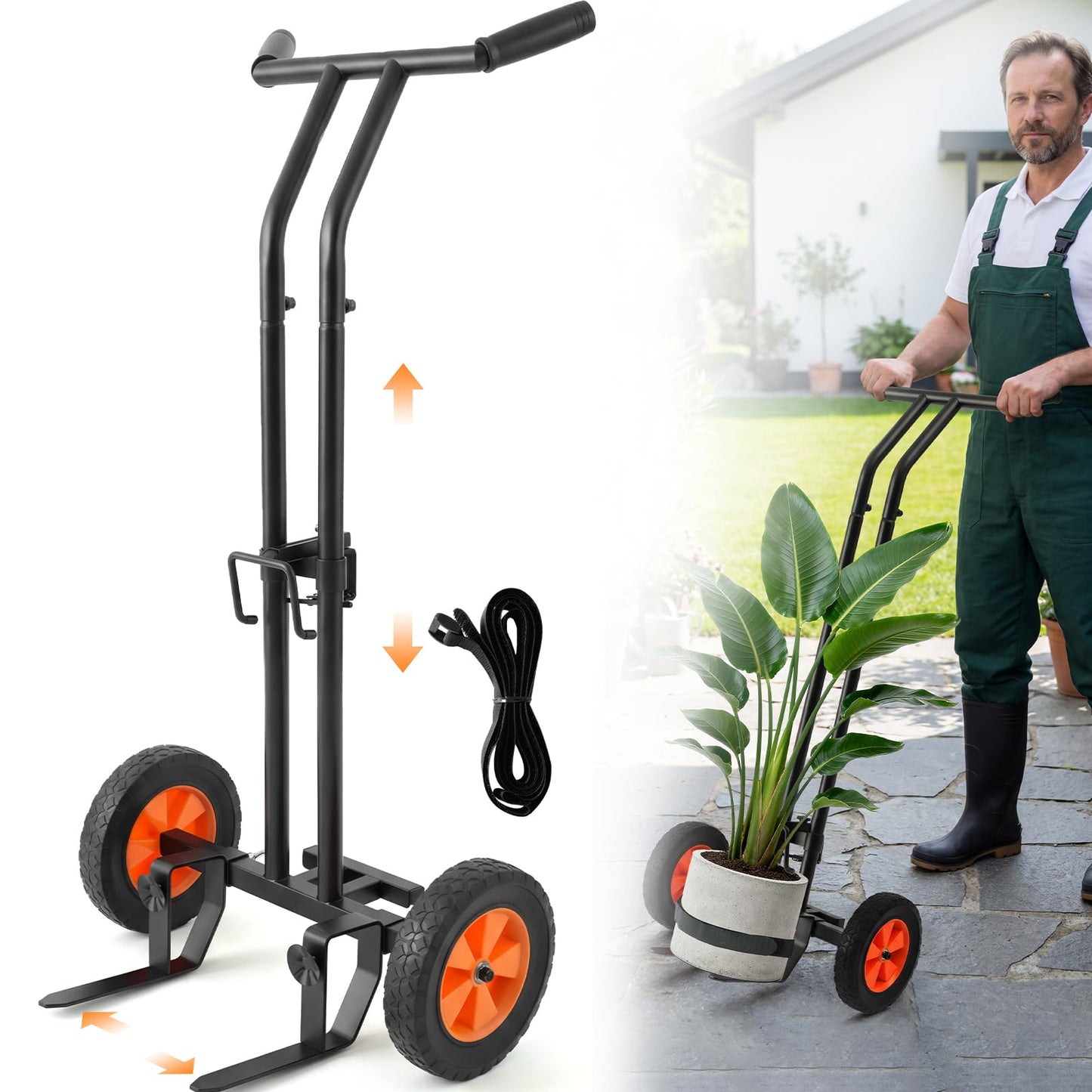 AUROPEAK Rolling Plant Caddy with Wheels Heavy Duty, Plant Dolly with Adjustable Forks and Grips,Suction Cups,Potted Plant Mover,Indoor & Outdoor Plant Trolley Cart with Strap for Planter Flower Pots