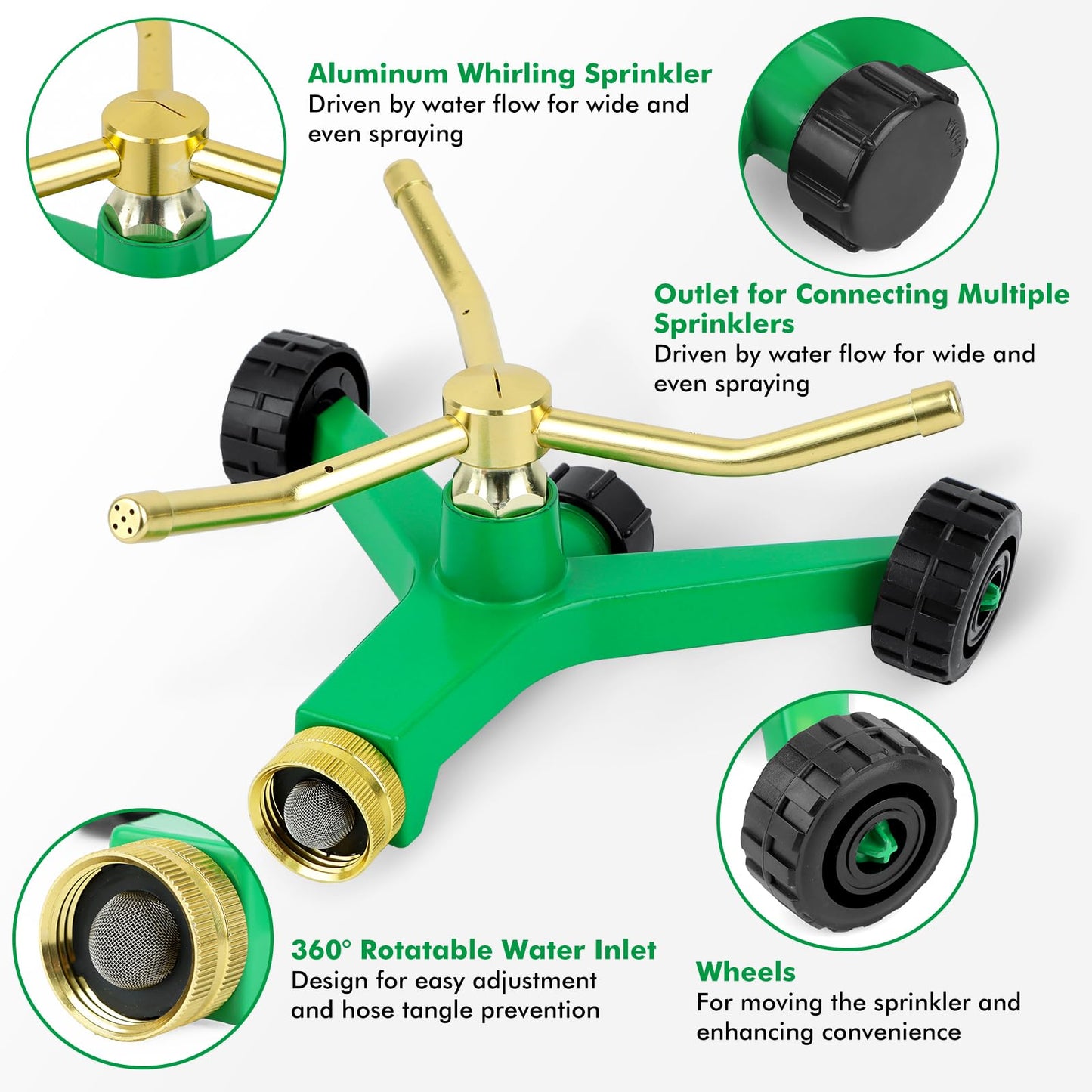 RESTMO 3-Arm Metal Sprinkler with Wheel Base, 360 Degree Automatic Rotary Lawn Sprinkler System for Garden Plant, Flower Bed and Yard Watering and Large Yard Area Watering