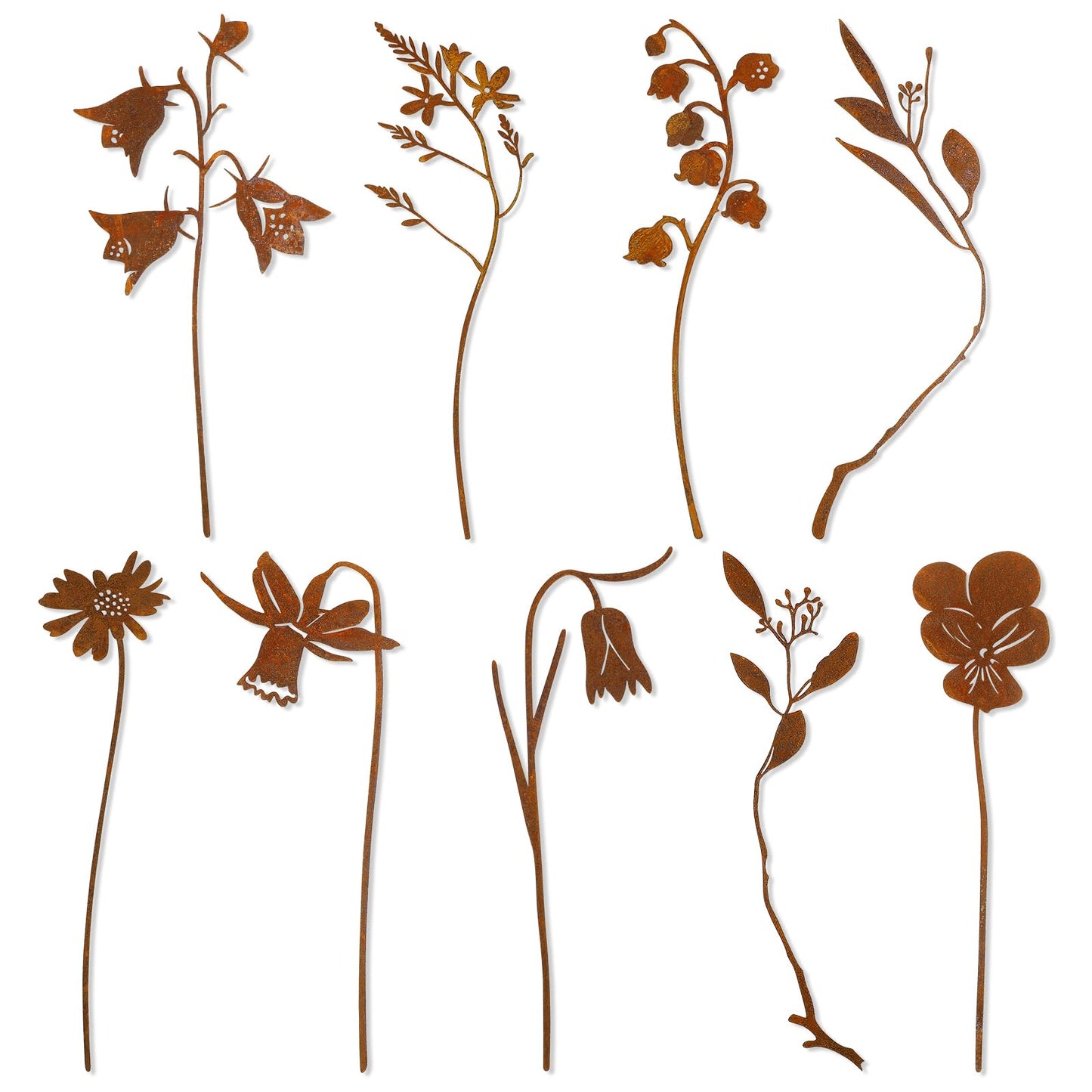 RumonZS 9 Pcs Rusty Metal Flowers Rustic Spring Plants Rusty Metal Garden Stakes Decor for Outside Yard Art Decorative Garden Stakes Potted Plants Lawn Yard Walkway and Flower Garden
