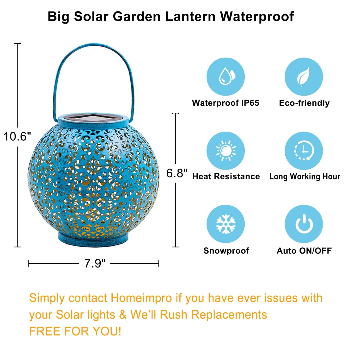 Homeimpro Solar Big Lanterns Outdoor Waterproof Garden Gifts Mom, Metal Table Lights for Patio, Yard Art, Mothers Day Bithday Gifts for Women Men(1Pack, Teal Blue)