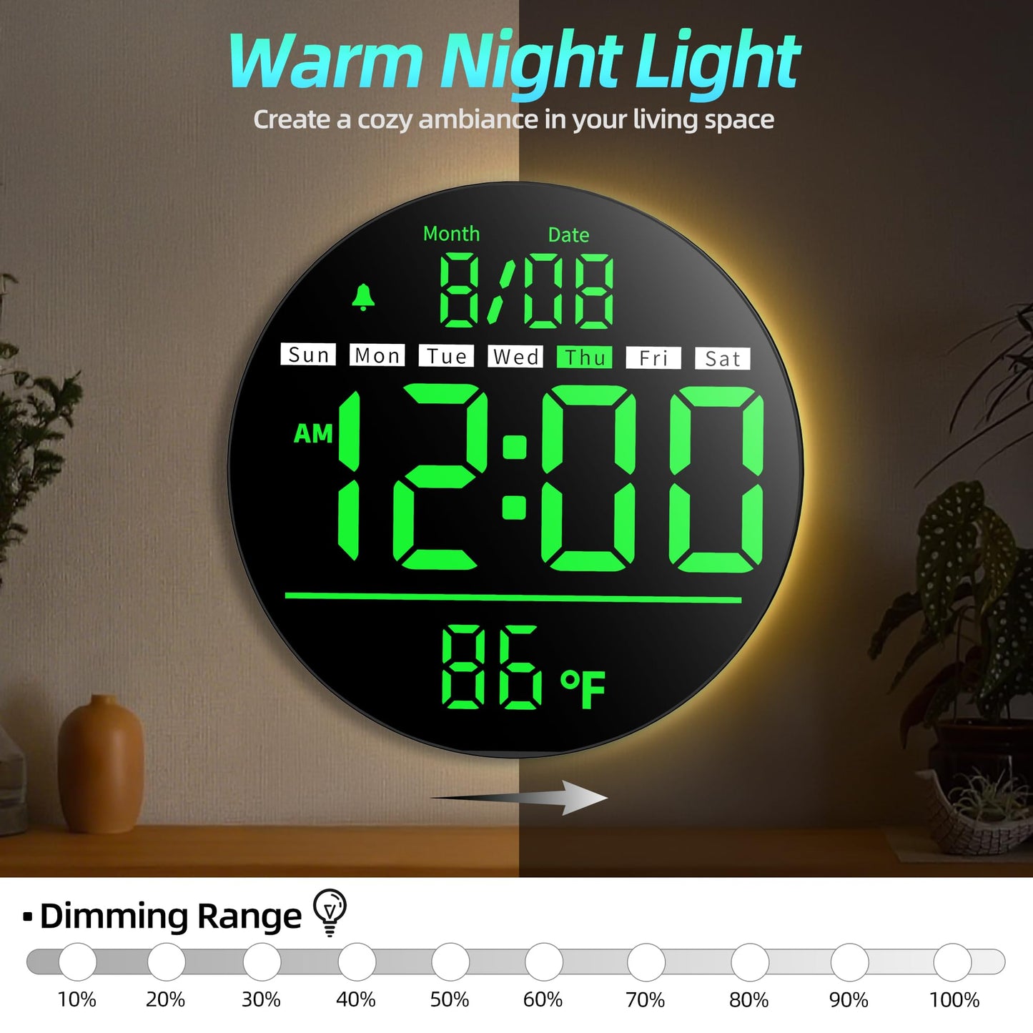 Jassurance 8in Round Digital Wall Clock, Large LED Display, Auto DST, Temperature, Alarm Clocks for Living Room, Bedroom, Office, Classroom, Gym Countdown Timer
