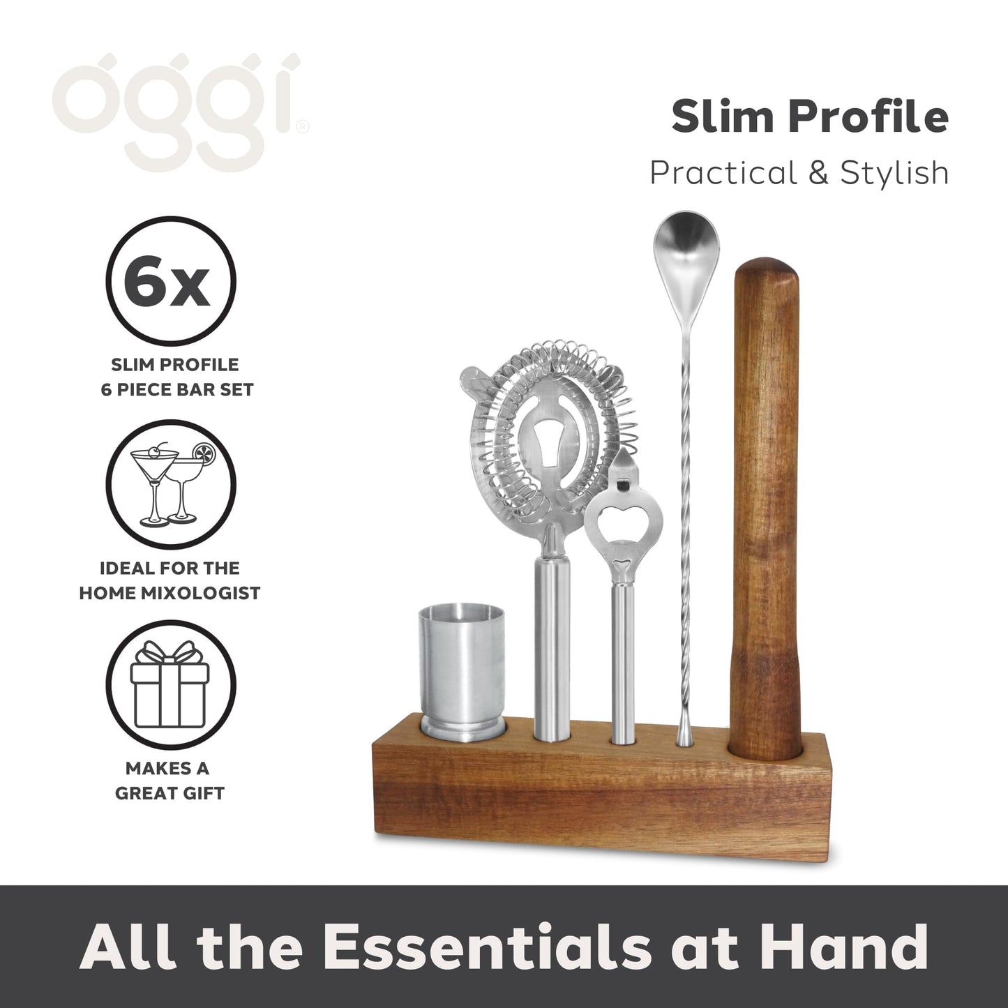 OGGI 6-Piece Slim Bartender Kit - Ideal Bar Cart Accessories, Great Decor and Accessories for the Home Bar, Bartending Kit - Acacia Base & Muddler, Stainless Stirrer, Opener, Jigger, Cocktail Strainer