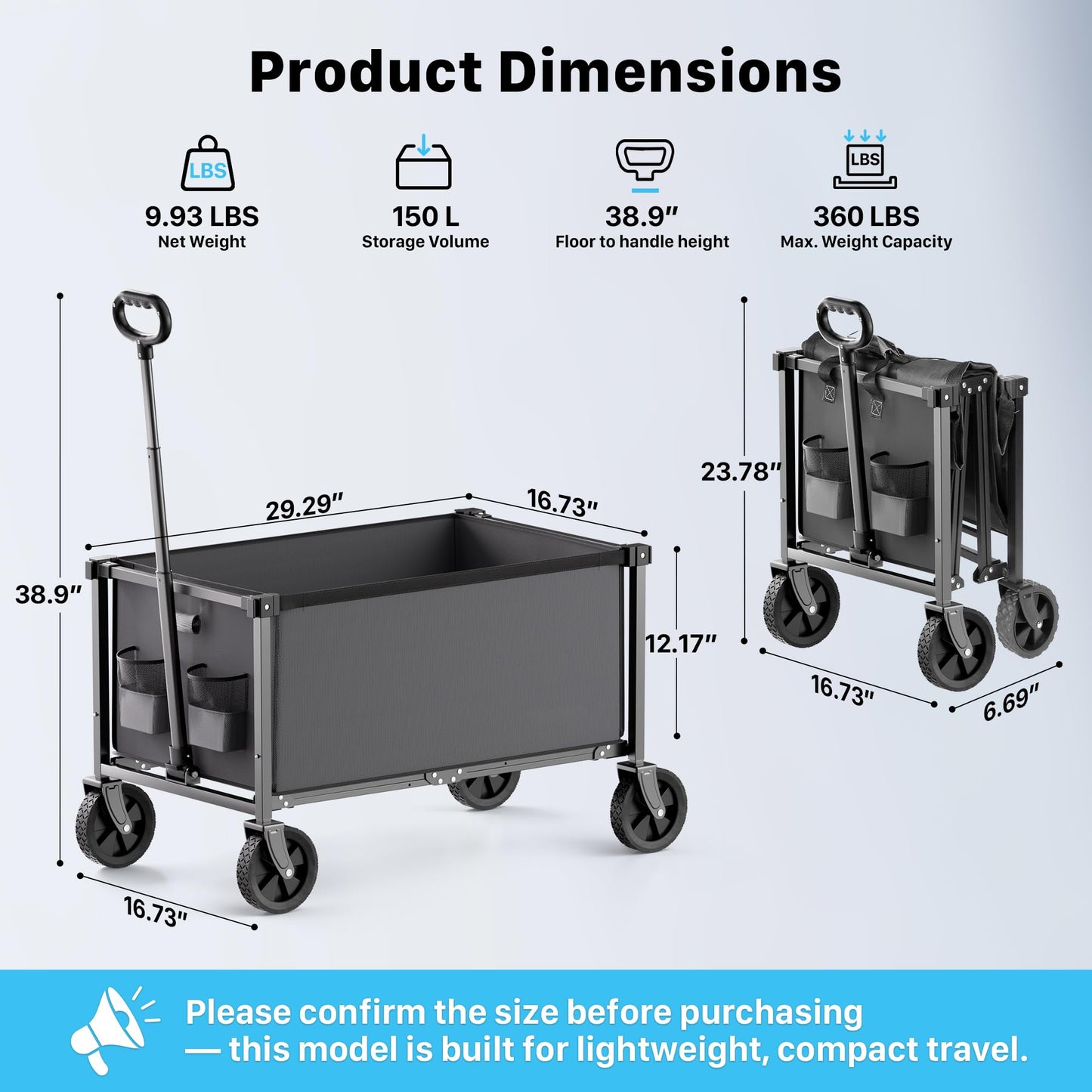 HOMBETTA 29.3" Collapsible Wagon Cart, 150L Heavy Duty Folding Utility Wagon with Wheels, 360 lbs Load, Portable Rolling Cart for Garden, Shopping, Sports, Camping, Darkgray