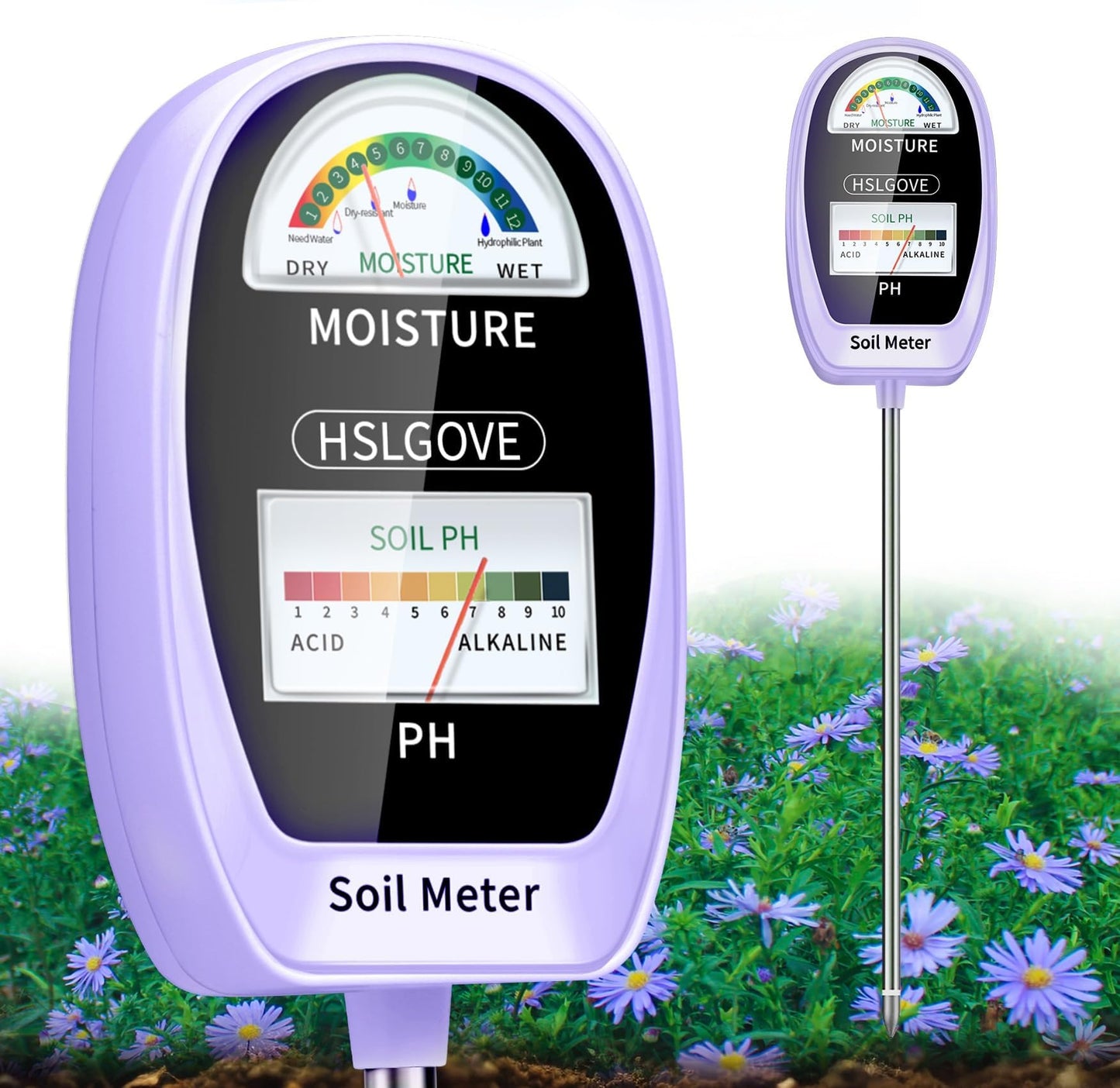 HSLGOVE Soil Test Kit, 2-in-1 Soil Moisture Meter/Soil PH Meter, Dual Screen Soil Tester, Soil Moisture Meter for Plants Watering/Gardening for Lawn,Farm Indoor&Outdoor Use-Purple