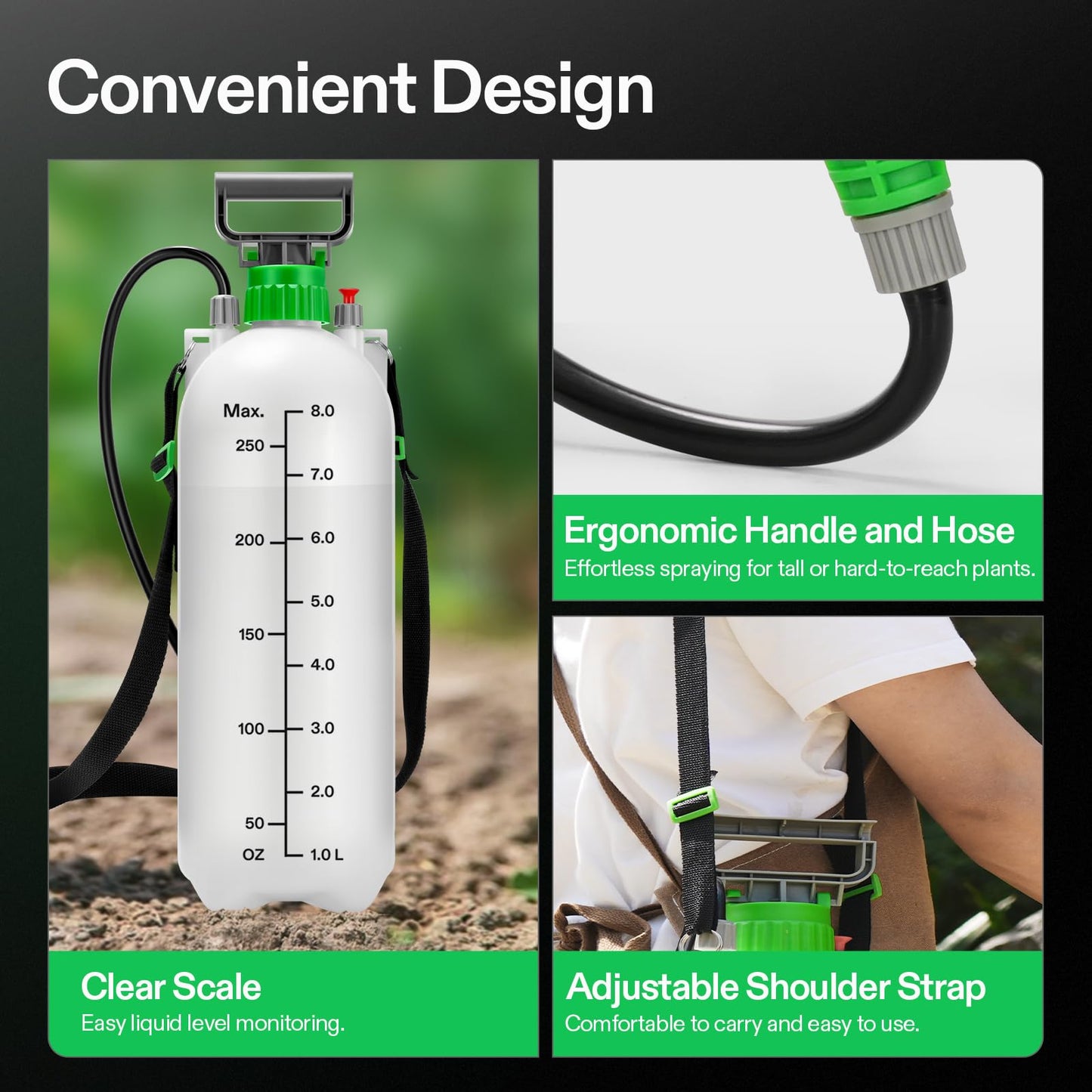 VIVOSUN 2.1 Gal/8L Pump Sprayer, Garden Water Sprayer for Plants, Weeds & Lawn Care, with 3 Nozzles, 50'' Long Hose & Pressure Relief Valve