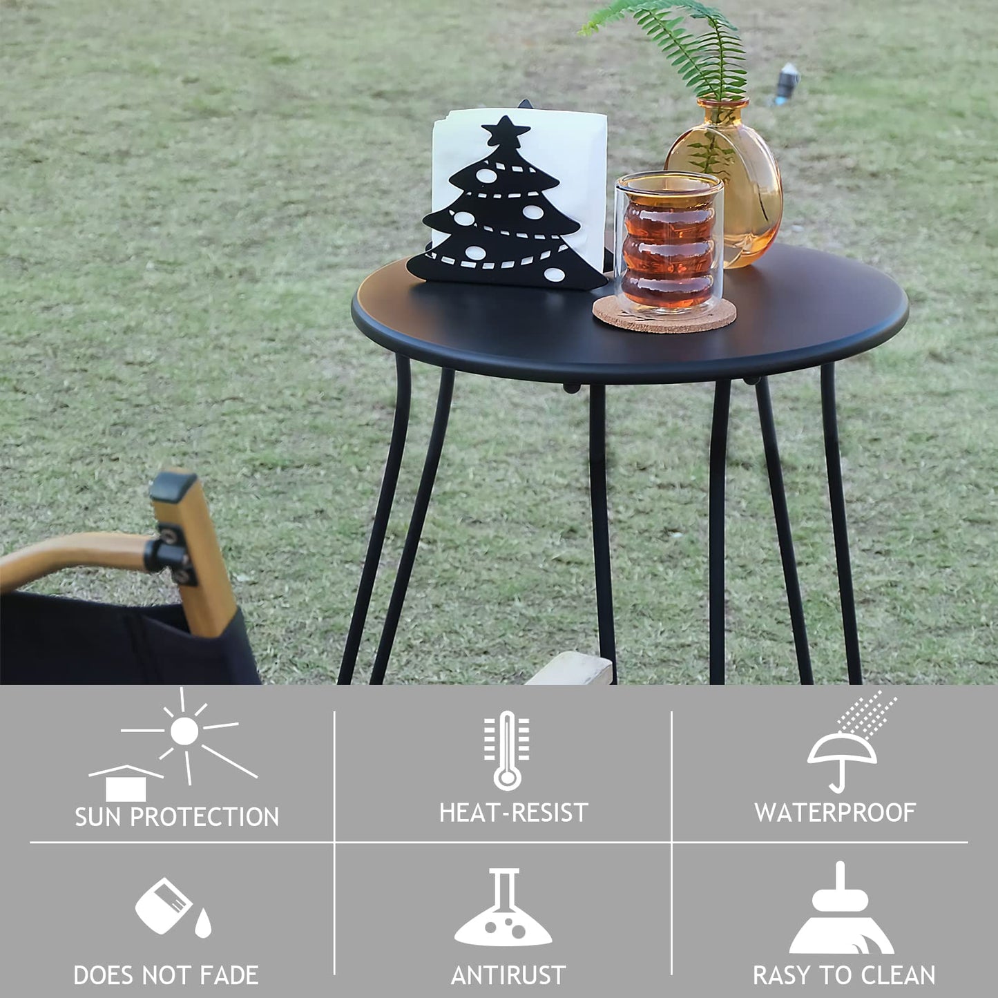 NAISQAQ Small Patio Side Table, Weather Resistant Anti-Rust Outdoor Metal Patio Round End Table, Outdoor End Table for Garden, Porch, Balcony, Yard, (Black)