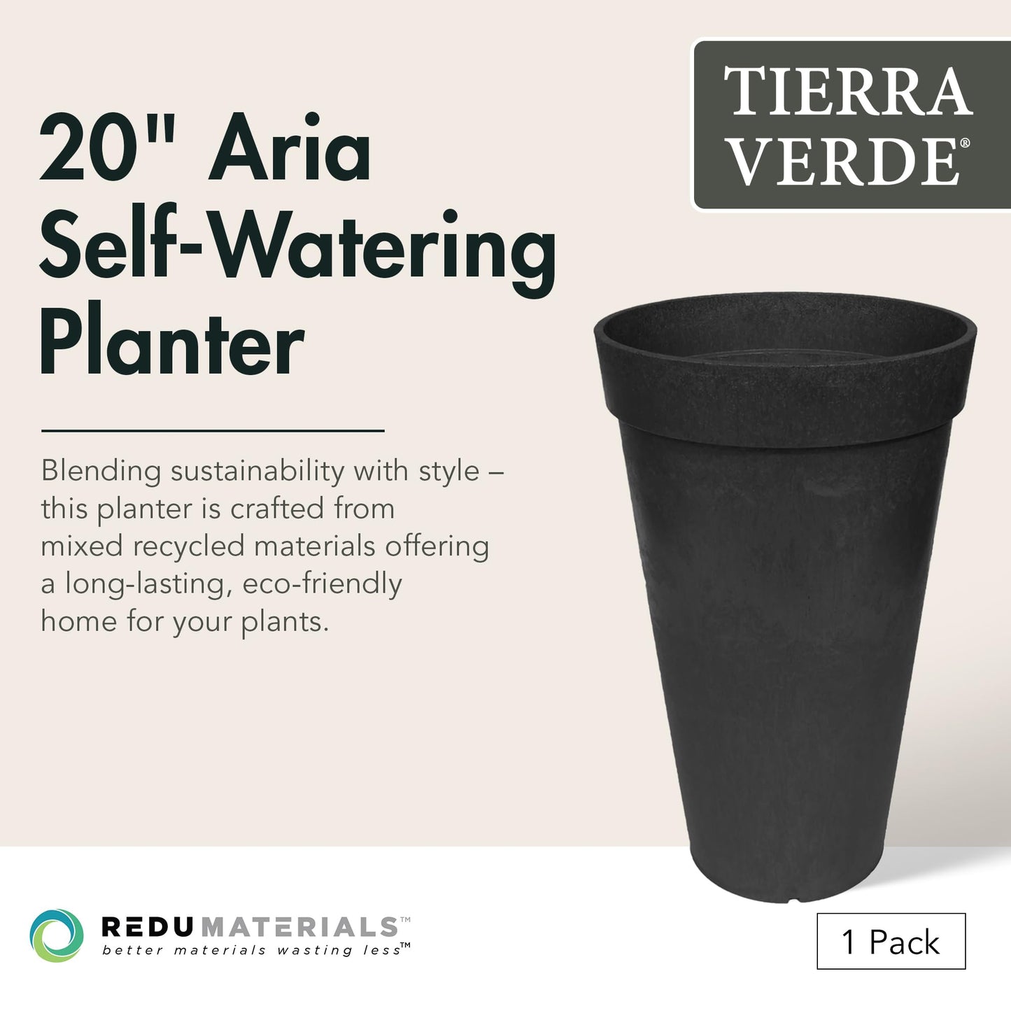 Tierra Verde Indoor & Outdoor Self-Watering Tall Round Planter, Aria, 12.5" x 20", Black - Planting Containers for Plants and Flowers - Gardening and Landscaping Accessories