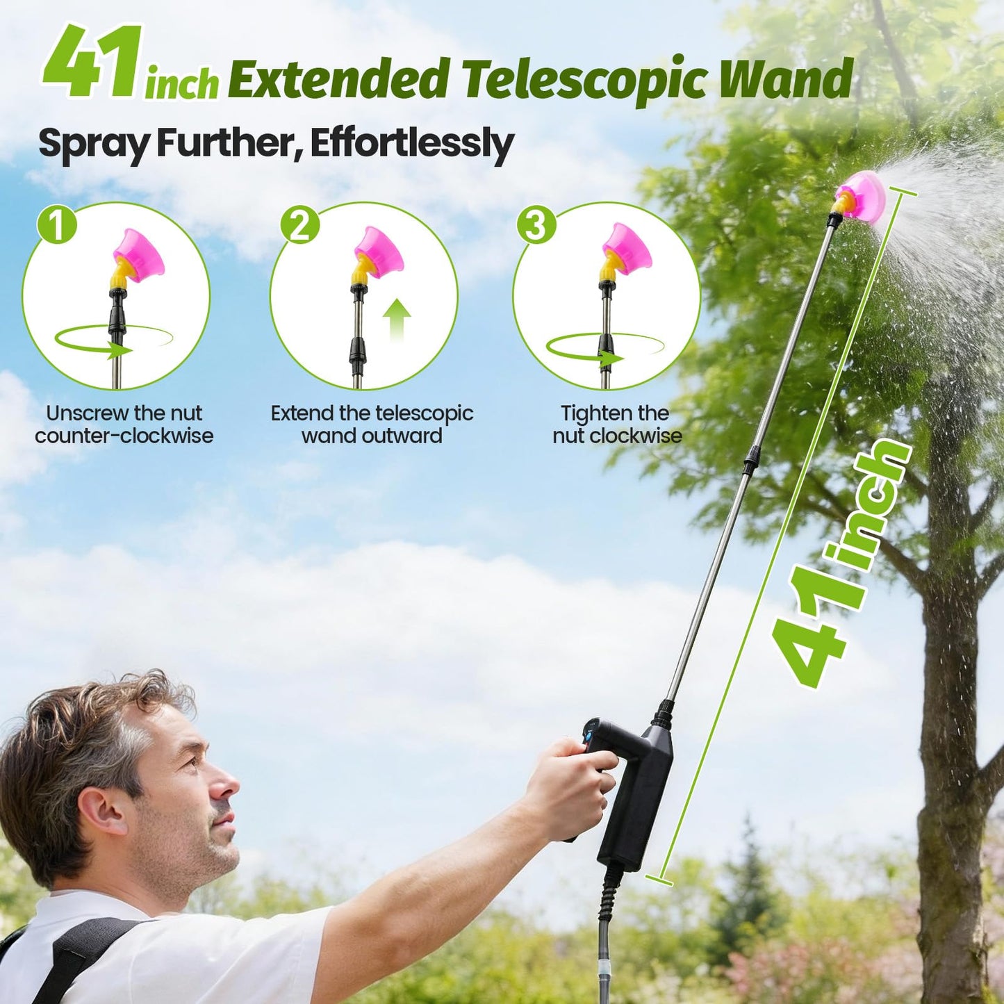 Sylsmart Battery Powered Backpack Sprayer 2.6Gallon, Electric Sprayer with 3-Adjustable Sprayings, Battery Indicator, 5 Nozzles, 41" Retractable Wand, Rechargeable Garden Sprayer for Weed, Lawn&Yard