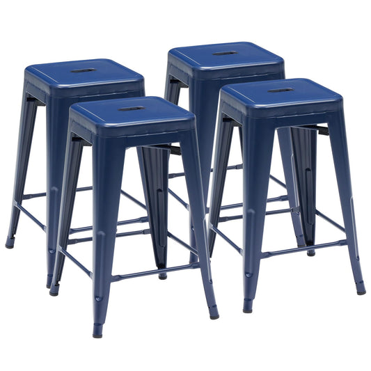 DUMOS Metal Bar Stools Set of 4, 24in Stackable Counter Height Bar Stools, Backless Restaurant Chairs for Kitchen Island, Indoor Outdoor Use, Classic Trattoria Barstools for Dining Room, Blue