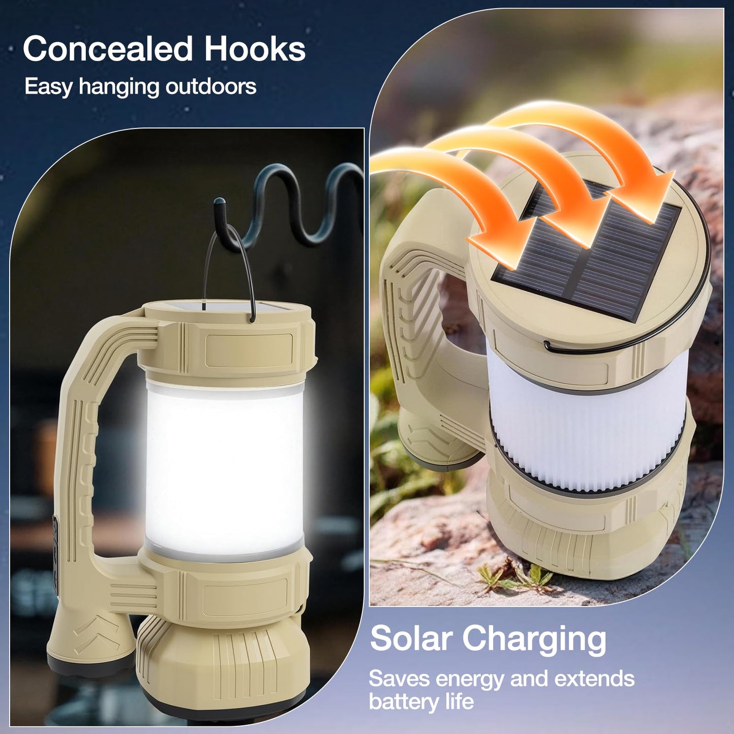 Rechargeable LED Lantern, Camping Essentials, 800LM, Hanging Solar Charging，9 Light Modes, IPX6 Waterproof, Lantern Flashlight for Hurricane Emergency, Hiking, Home and More, USB Cable Included
