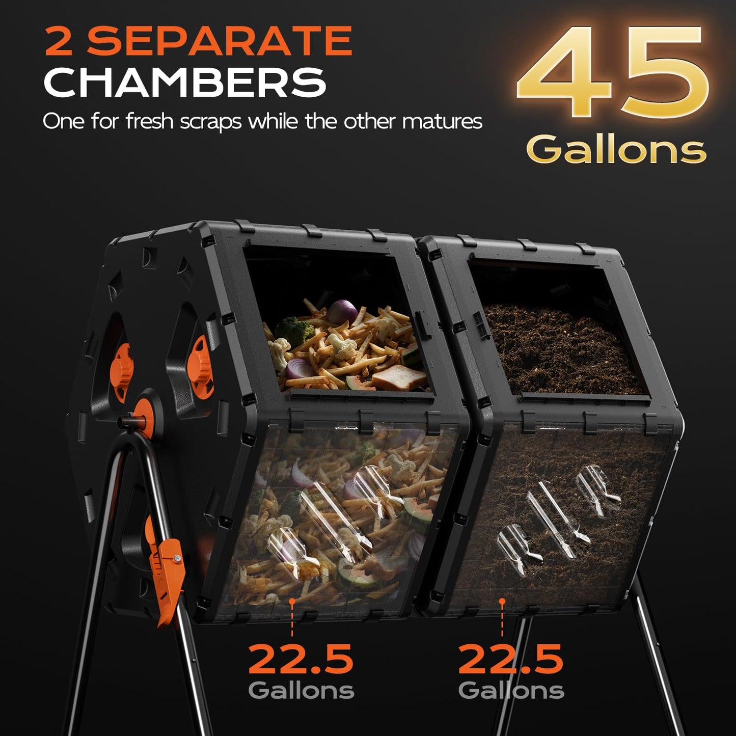 TOP XIAN Compost Tumbler Outdoor 45 Gallon/170L, Dual Chamber Large Compost Bin for Garden, Backyard, and Yard, Large Opening & Elevated Base 360°Rotating Tumbling Composter for Gardeners