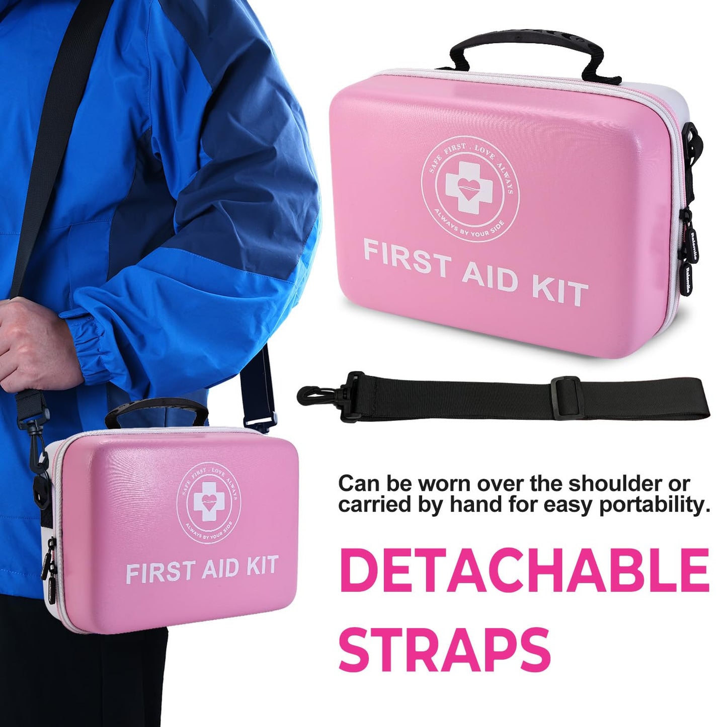 Large First Aid Kit - 410 Piece Dual-Color Emergency Kit with Hard Shell,Professional Survival Kit for Home, Car, Travel, Hiking & Outdoor(Pink/White)