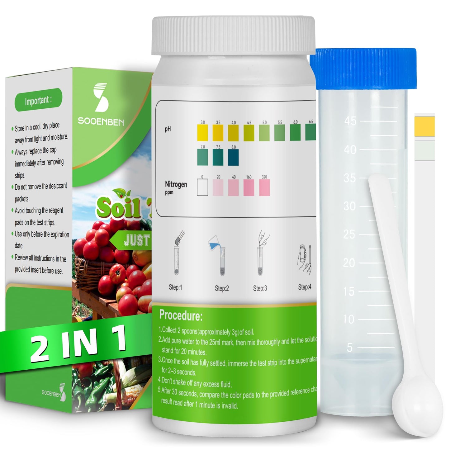 2-in-1 pH & Nitrogen Soil Test Kit, Home Soil Testing Kit for Lawns Gardening Grass Vegetables Nutrients, Soil pH Nitrogen Tester Strips Separately Sealed in Foils, Easy to Use, Rapid Results