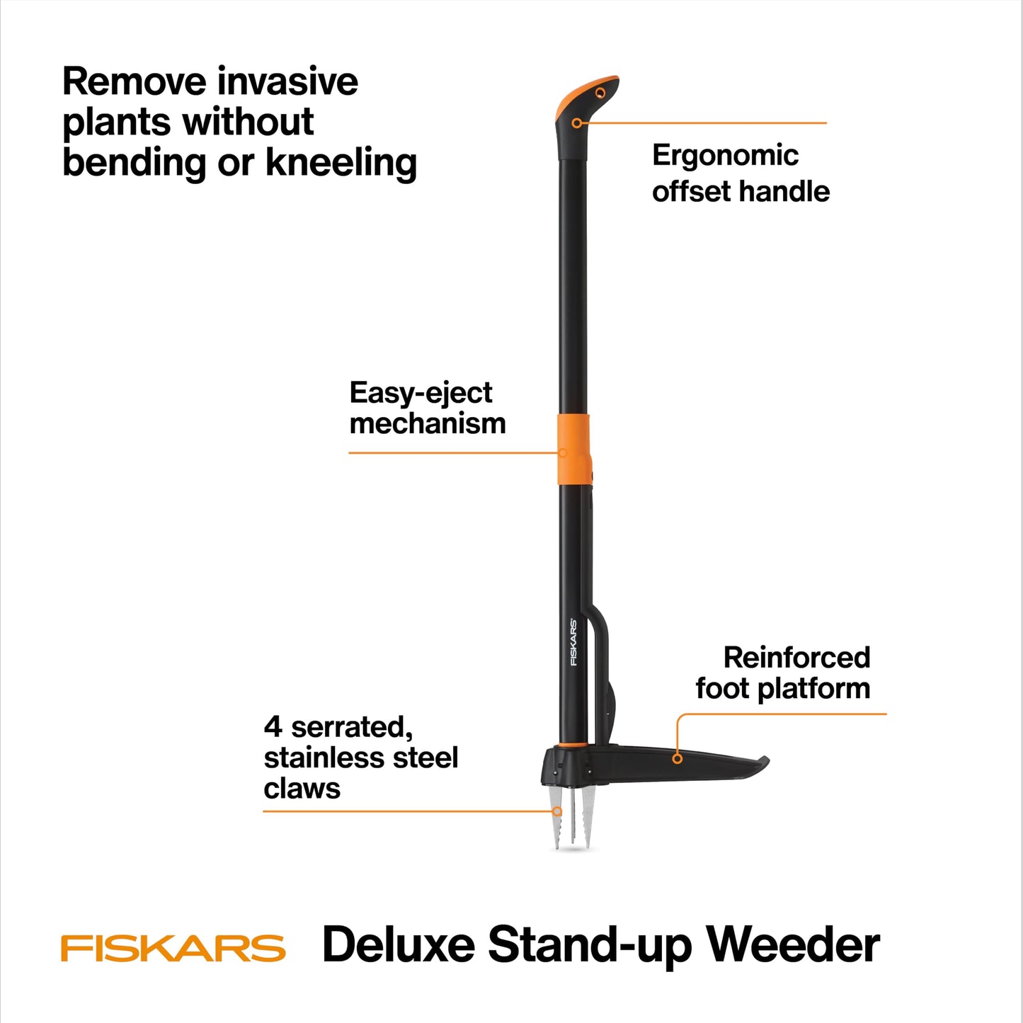 Fiskars Stand-Up Weed Puller Tool, 4 Serrated Stainless Steel Claws Grip Roots for Permanent Removal, Reinforced Foot Platform Penetrates Tough Soil, Easy-Eject & Ergonomic Offset Handle, 39"