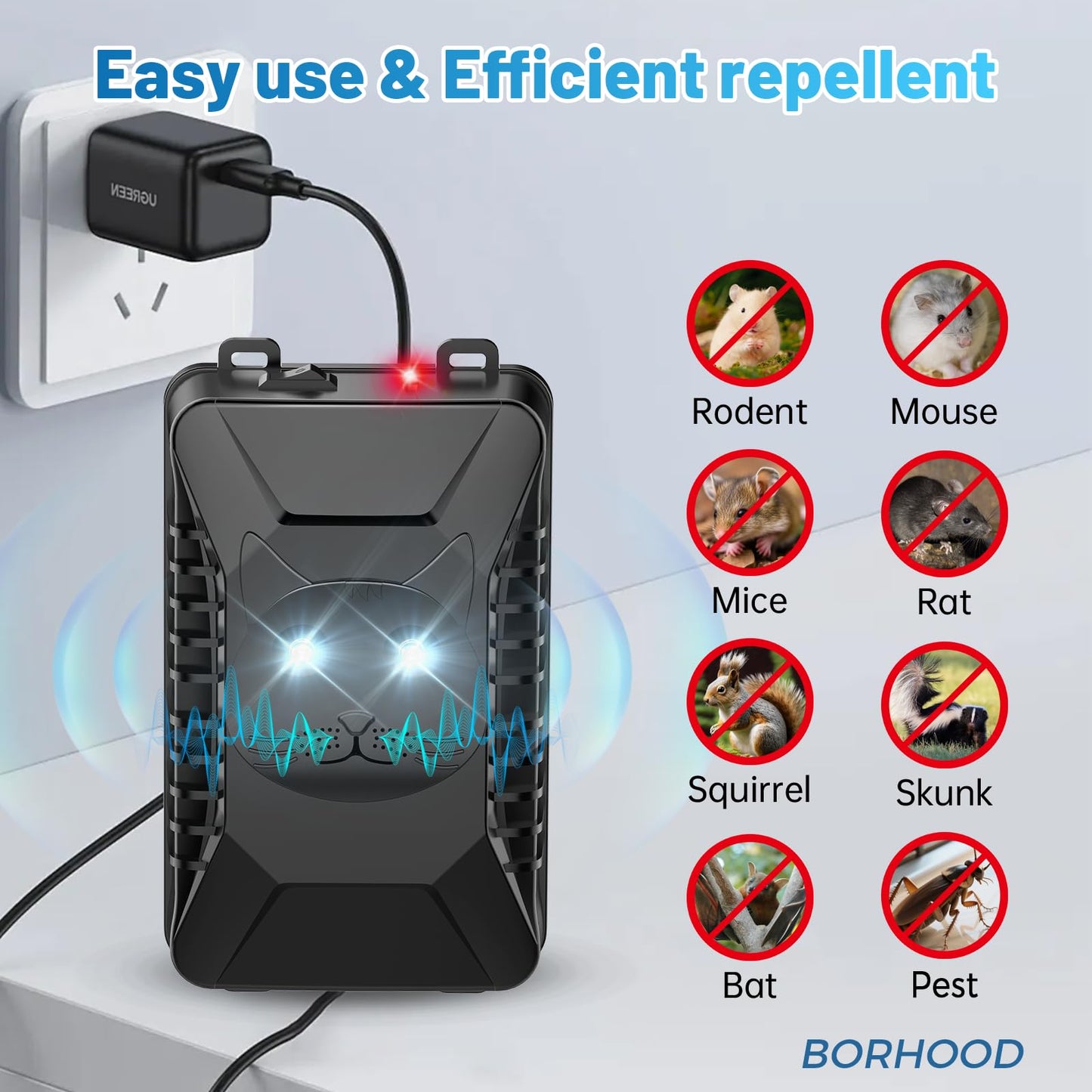 BORHOOD Ultrasonic Rodent Repellent, 2 Pack Plug-in Mouse Rat Pest Bat Squirrels Repellent for Car with Battery Powered Under Hood, Keep Mice Out of Cars Engines, Indoor, Garage, Storage Room-Black