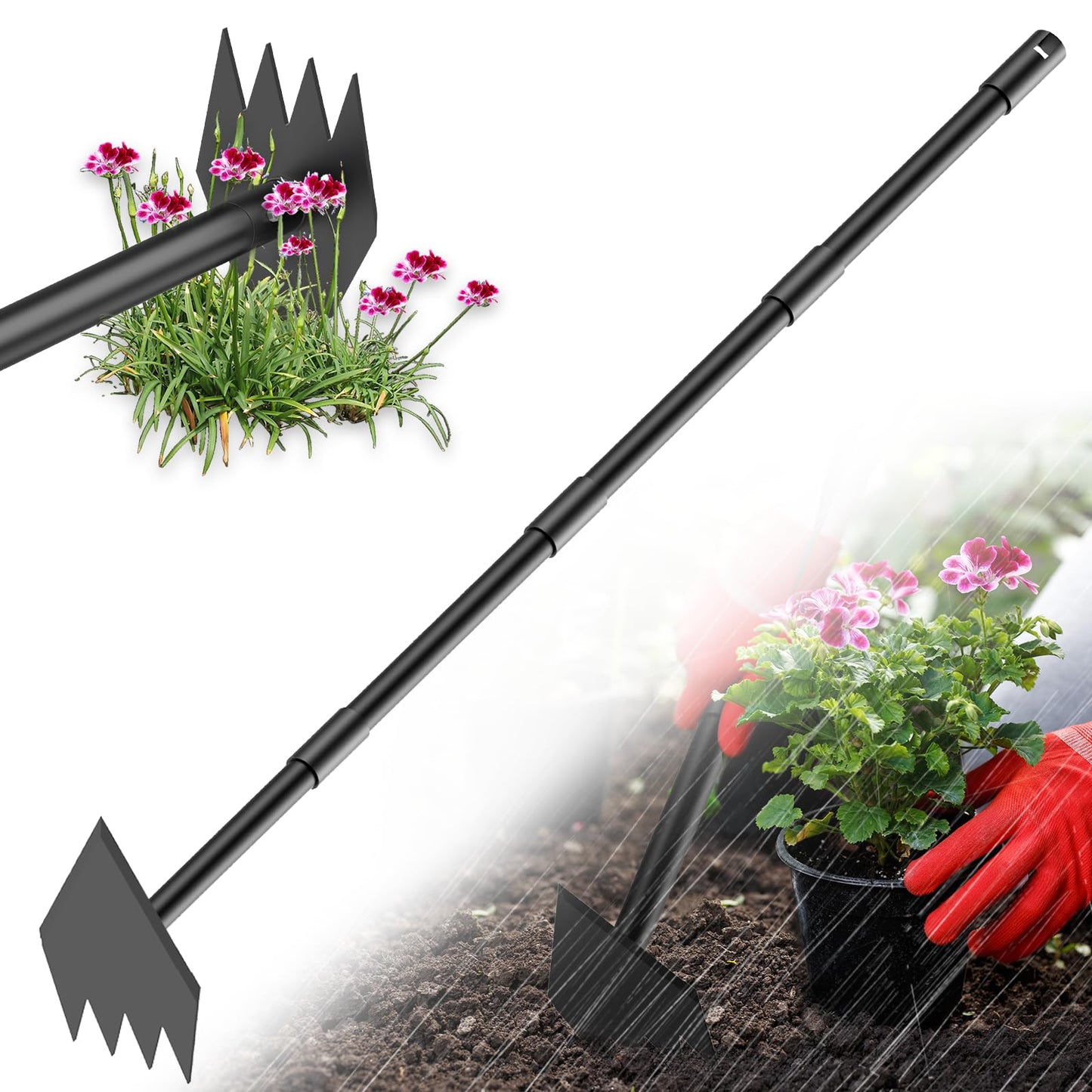 Luvenia 2-in-1 Hoe Garden Tool and Weed Puller Tool, 60 Inch Long Handle Garden Hoe Heavy Duty, Stainless Steel Triangle Hoe for Gardening Planting, Weeding, Digging, Loosening Soil, Sharp Edge