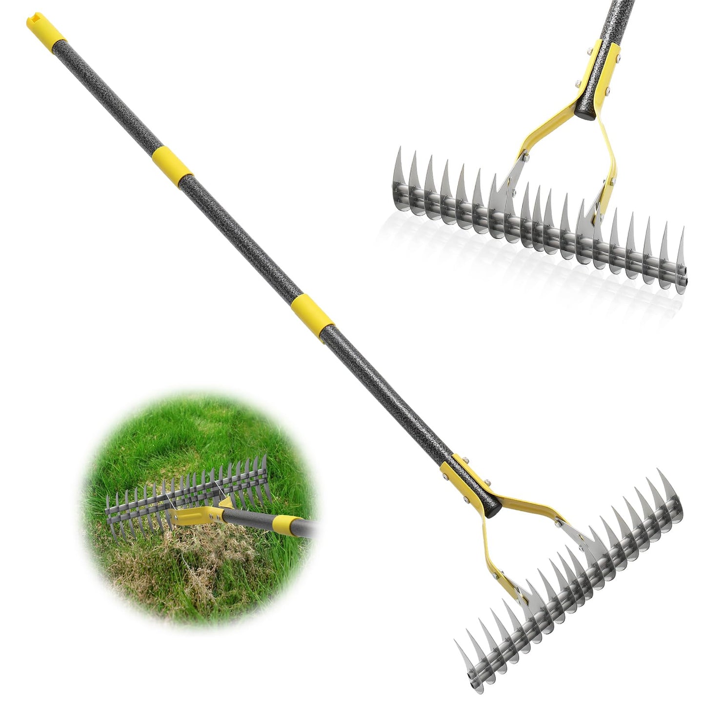 Thatch Rake,70 Inch Heavy Duty Lawn Thatching with Adjustable Stainless Steel Handle,Multiple Garden Rake for Leaves,Lawn Loosening Soil,Backyard,Garden
