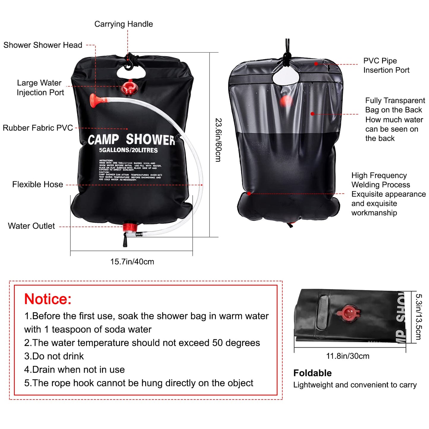 ailker Solar Shower Bag for Camp: 2 Pack 5 Gallons/20L Portable Solar Camping Shower Bag with Removable Hose and On-Off Switchable Shower Head for Camping Beach Swimming Outdoor Traveling
