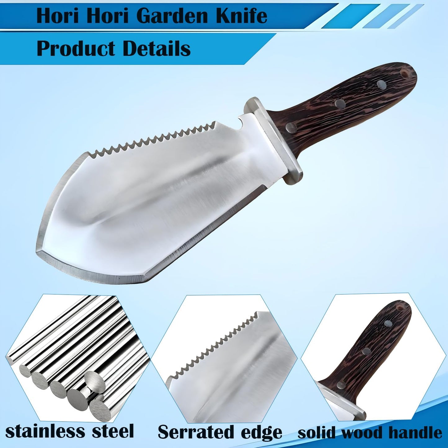 Hori Hori Garden Knife, Garden Tools with Sheath for Weeding,Planting,Digging, Stainless Steel Blade with Cutting Edge, Full-Tang Wood Handle with Hanging Hole