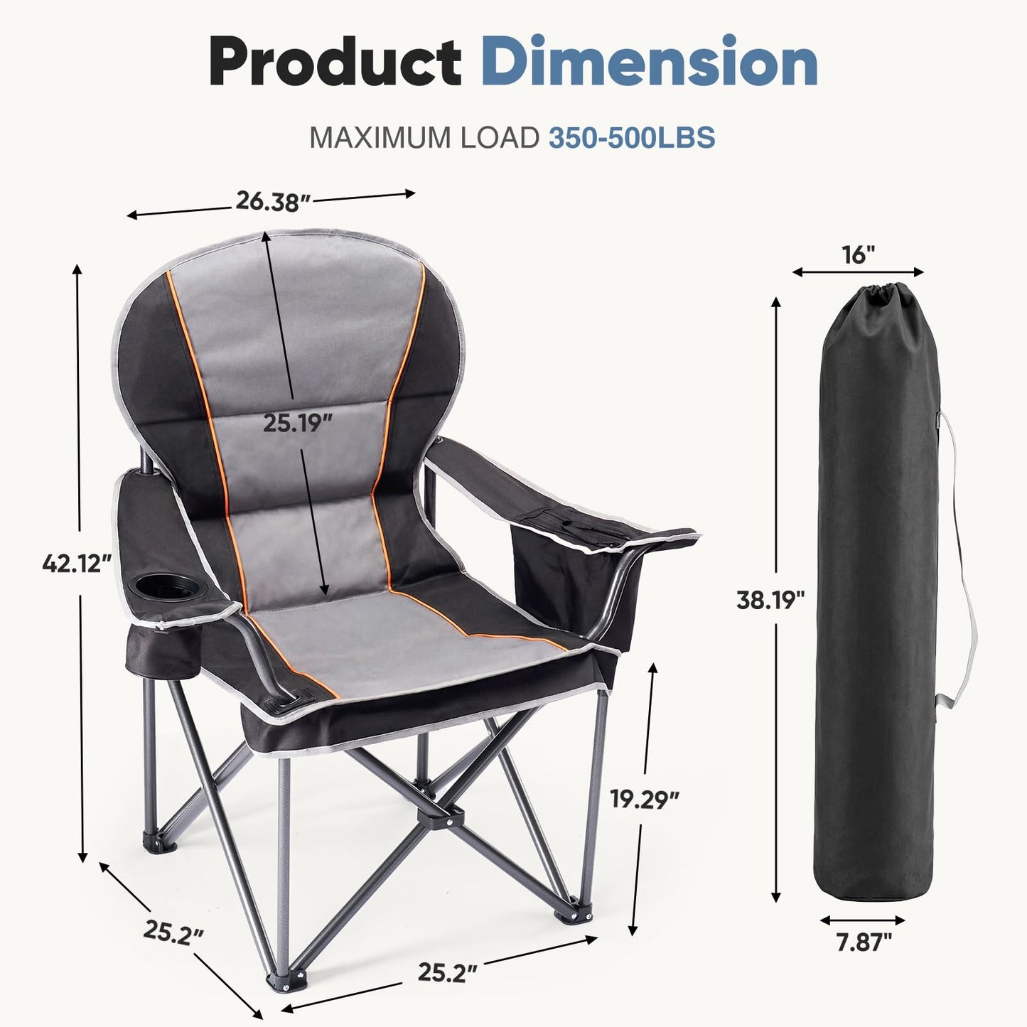 DUMOS Oversized Camping Chair for Adults, Heavy Duty 500 LBS Support Folding Outdoor Chair with Side Cooler Bag, Cup Holder, for Camp Beach Garden, Back Bag, Thicken 300D Oxford, Black