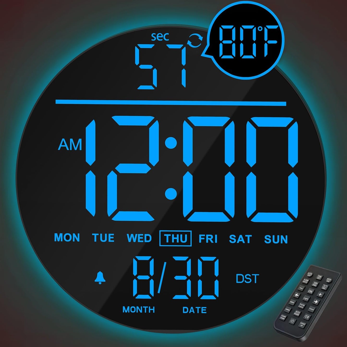 JALL 10" Large Digital Wall Clock with Seconds, Alarm Countdown Timer, Big LED Display, RGB Color, DST, Temperature, Mounted for Bedroom Living Room Office Classroom Gym, Xmas Birthday Gift, Blue