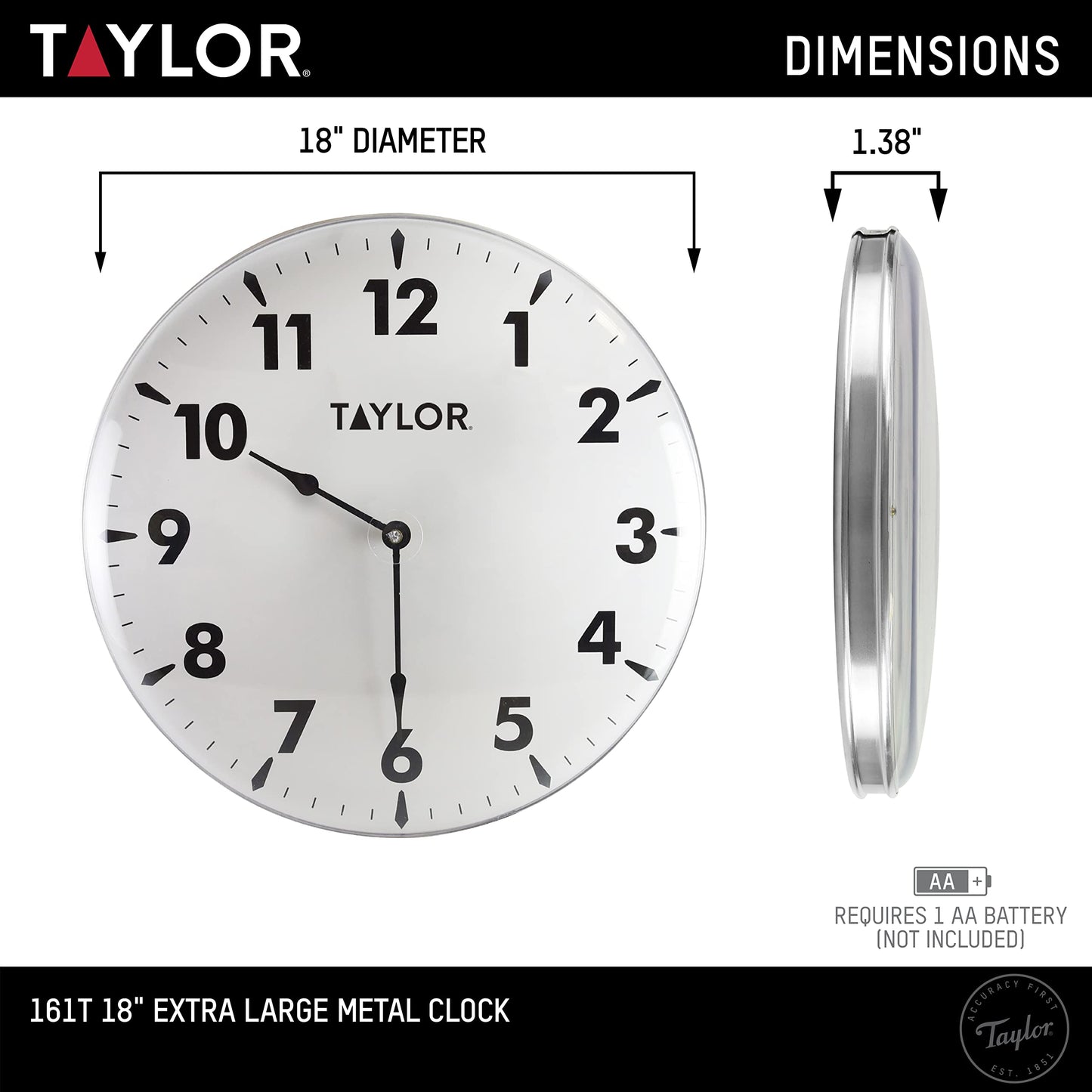 Taylor Indoor Outdoor Metal Wall Clock, Wireless Thermometer with Easy to Read Large Numbers for Patio, Pool, and Indoor Areas, 18-inch