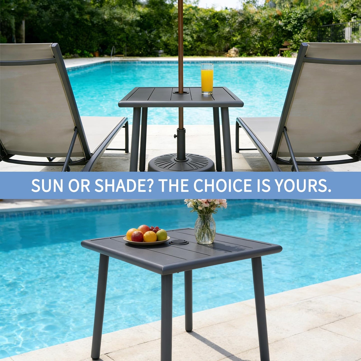 UFavo Home Small Metal Outdoor Side Table with Umbrella Hole, Sqaure Patio Coffee Bistro Table End Table, Umbrella Table with Hole for Poolside Backyard Porch Deck Balcony,19.7x19.7 inches, Gray