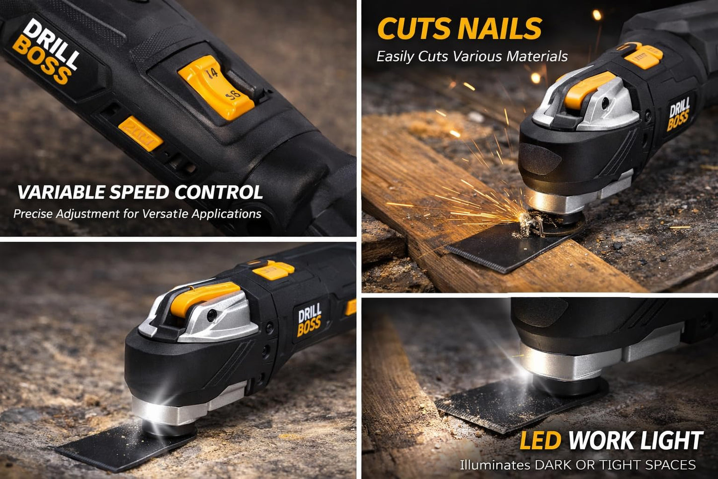 Drill Boss 20V Brushless Cordless Oscillating Multi-Tool Kit, Variable Speed 8,000-18,000 OPM, Keyless Blade Change, LED Work Light, Blades, Accessories, Battery, Charger and Bag