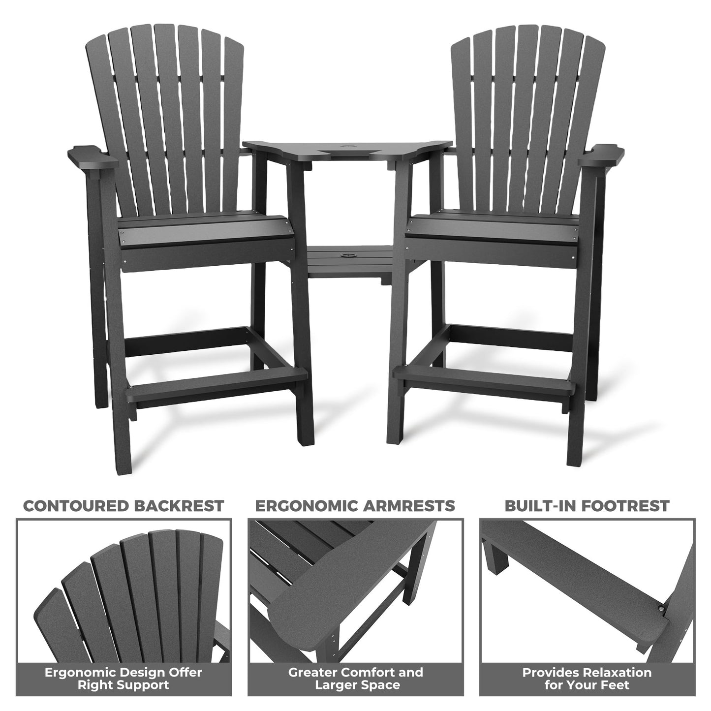 GAOMON Tall Adirondack Chairs Set of 2, Recycled HDPE Bar Height Patio Chairs with 2 Removable Connecting Trays & Umbrella Hole, Heavy Duty Outdoor Furniture for Deck, Backyard, Garden, Balcony, Grey