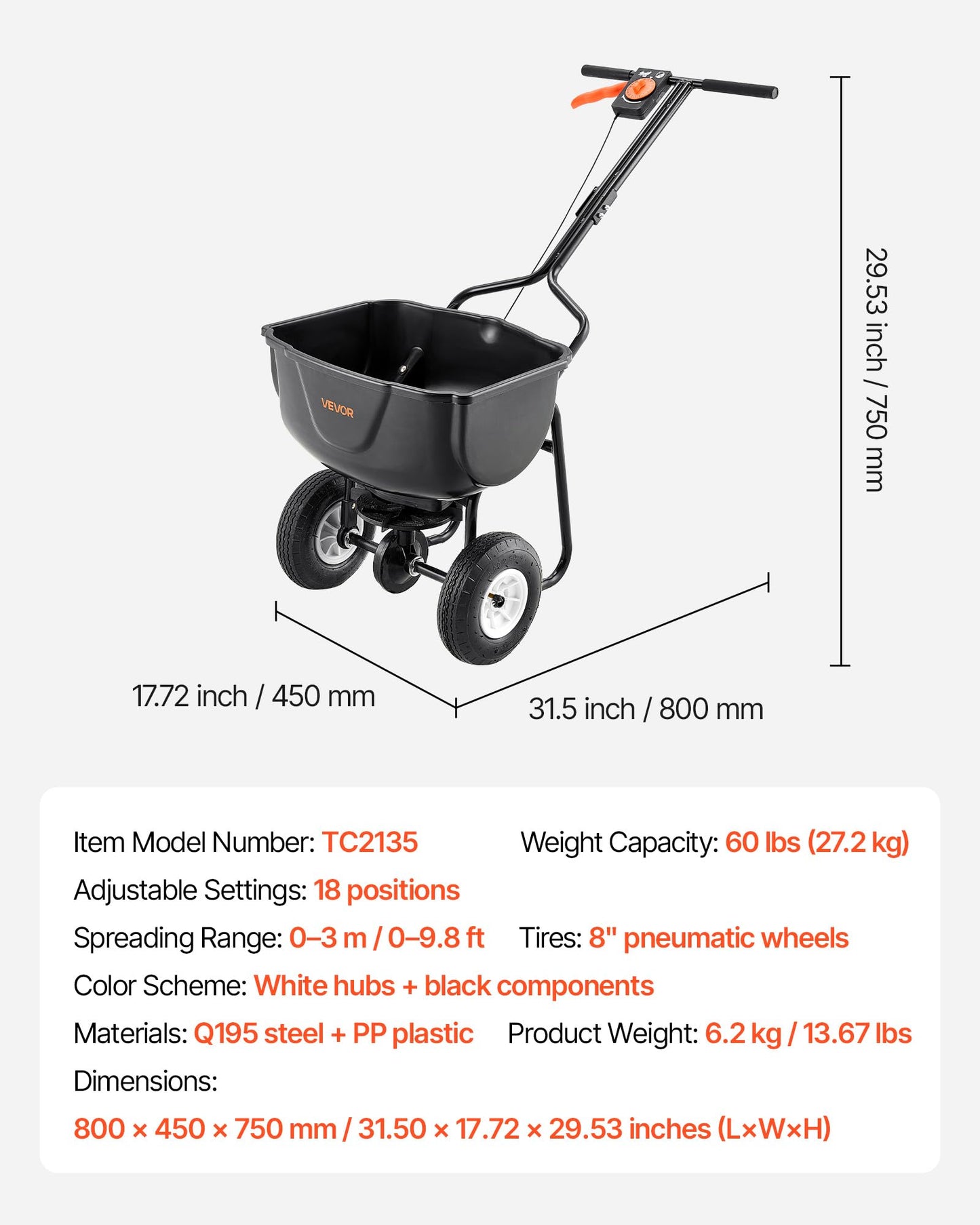 VEVOR Walk Behind Spreader, 60LBS Capacity, Push Spreader with 0-9.8 ft Spreading Width, 8 in All Terrain Pneumatic Tires, Garden & Lawn Broadcast Spreaders, for Seed, Fertilizer