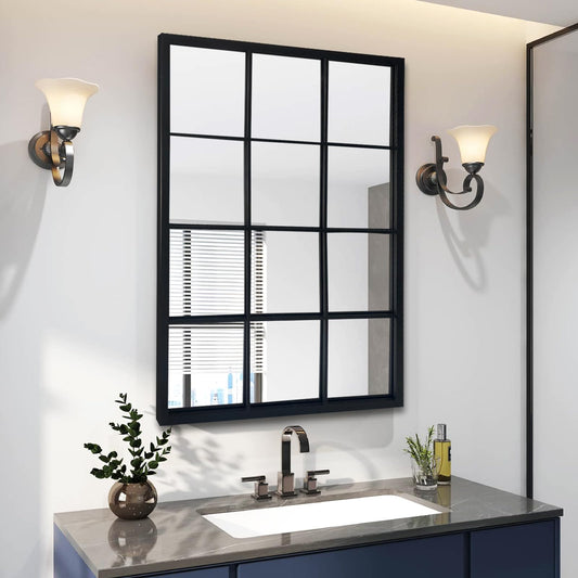 OUSHUAI Balck Rectangle Mirror,Window Pane Grid Mirror,Minimalism Wall Mounted Mirror for Entryway,Hallway,Living Room,Fireplace 24"X36"