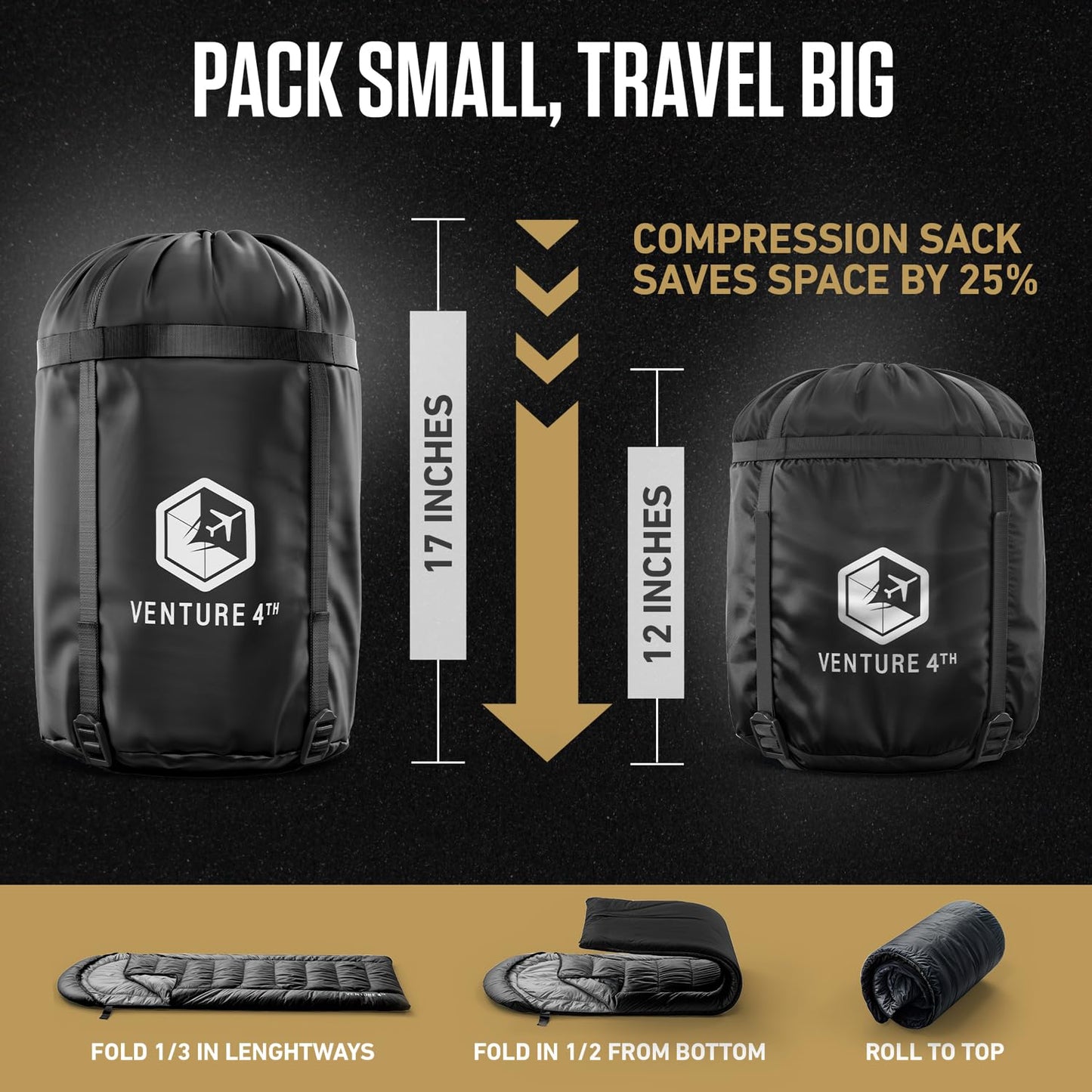 VENTURE 4TH 3-Season XXL Backpacking Sleeping Bag, Camping Sleeping Bags for Adults & Kids - Lightweight, Comfortable, Water Resistant, Ideal for Hiking, Camping & Outdoor - Black