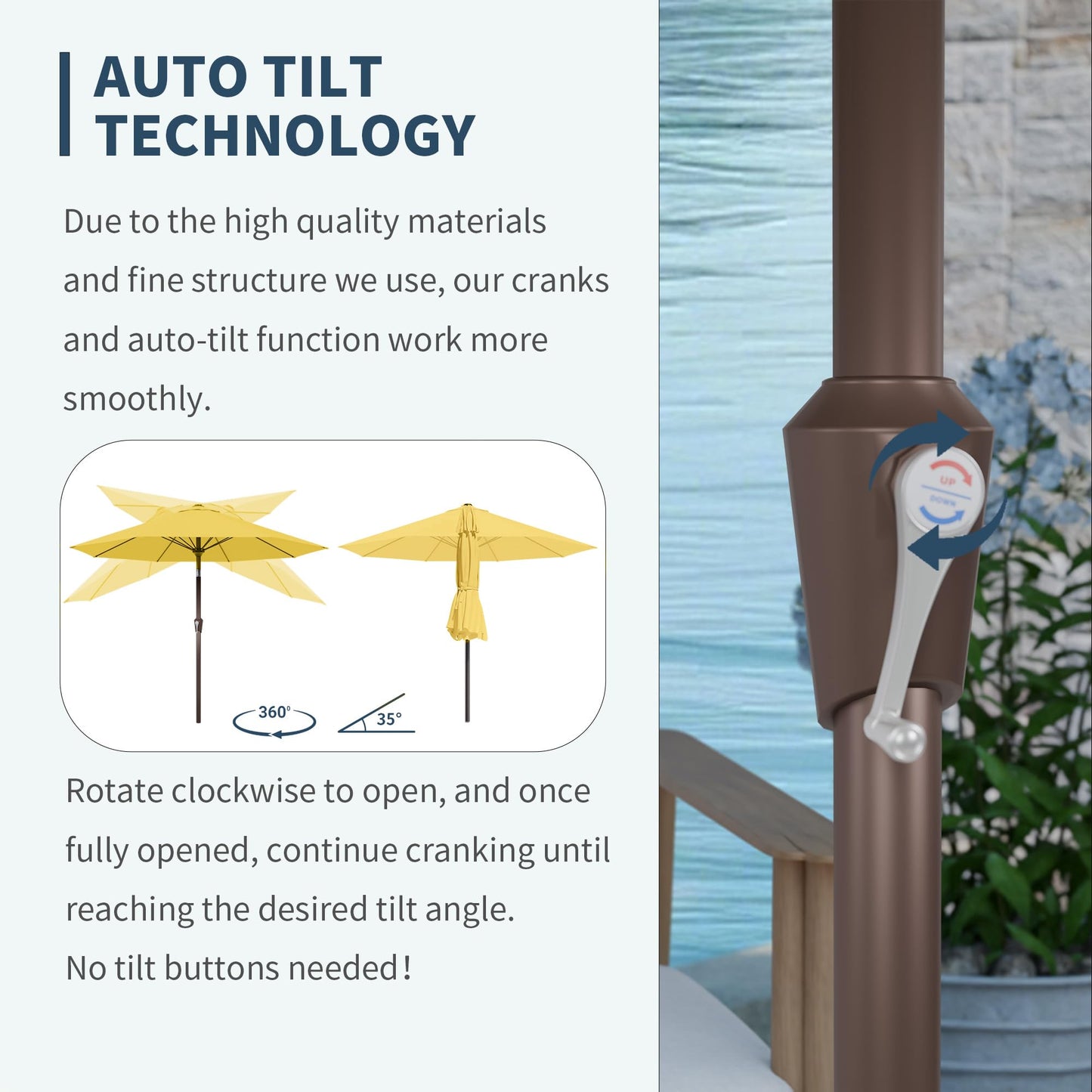 PatioKingdom Auto-Tilt 9FT Patio Umbrella Outdoor with 8 Sturdy Fiberglass Ribs,Market Table Umbrella for Pool,Backyard,Deck and Garden(Yellow)