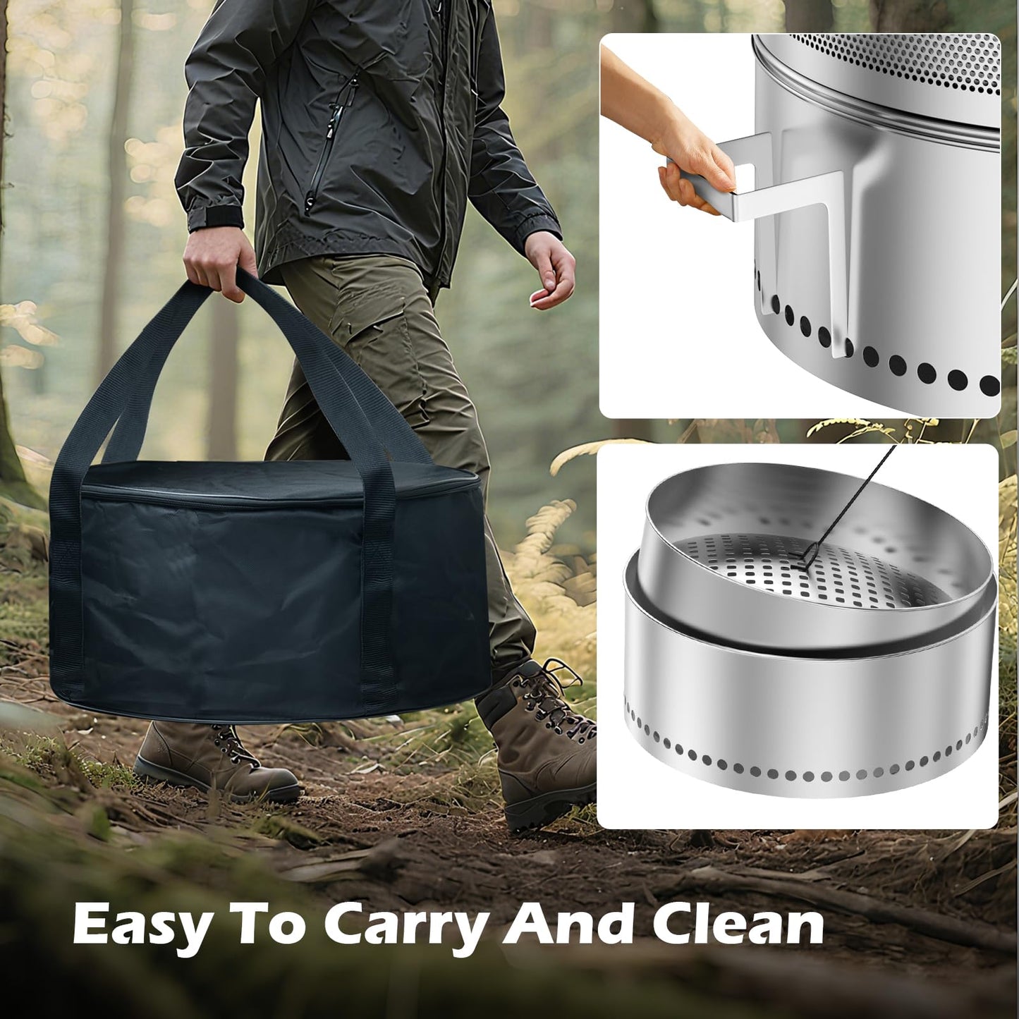 Smokeless Fire Pit with Grill Grate 20 Inch, Portable Stainless Steel Smokeless Firepit, Wood Burning Low Smoke Camping Fire Pit with Ash Pan & Carrying Bag, 360° Airflow, 16.5 lbs for RV & Patio