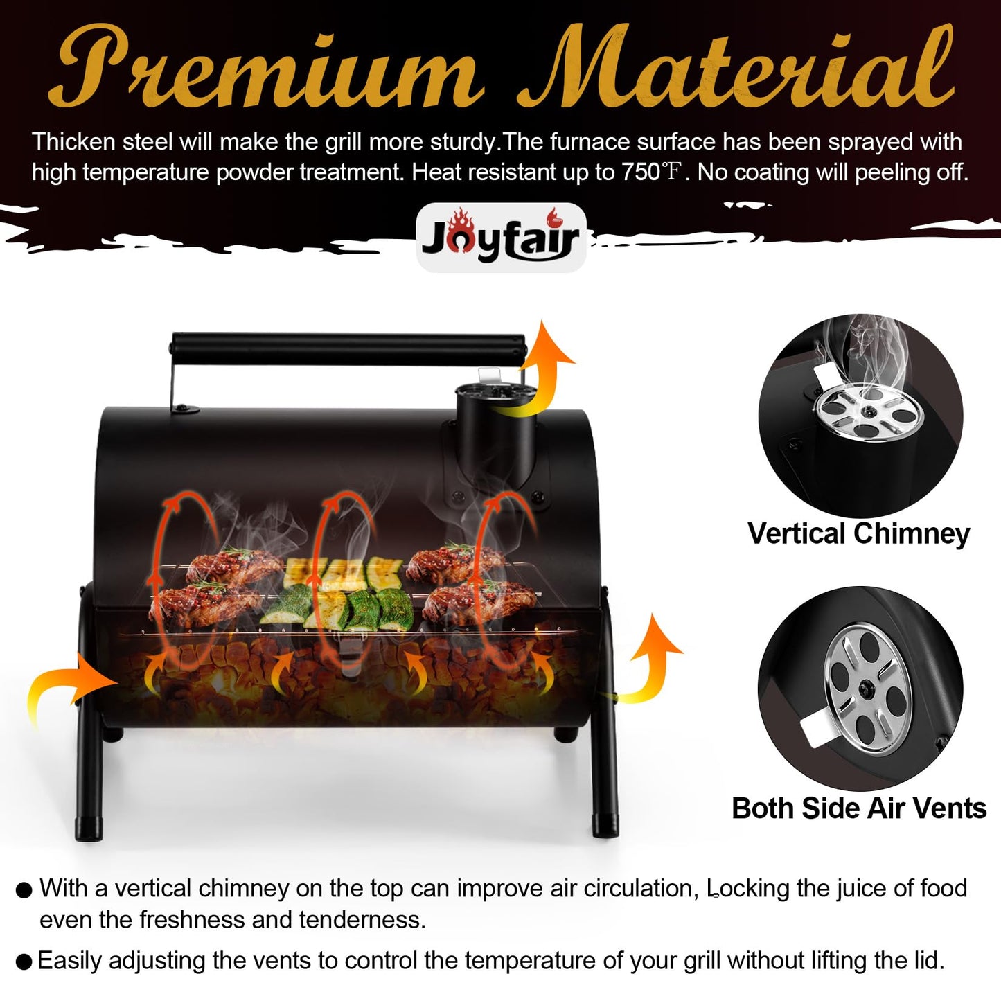 Joyfair Portable Charcoal Grill (2 IN 1 Double-Sided), Small Tabletop Barbecue Grill with Food Tray & Rack for Outdoor Camping Home Patio BBQ Grilling, Heavy Duty & Multi-use, Easy Assembly (230Sq.in)