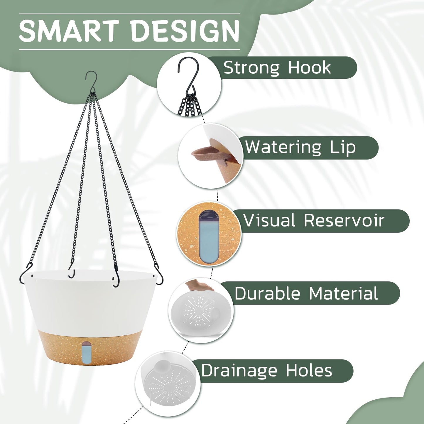 ZMTECH 12 Inch Hanging Planters for Indoor Plants, Modern White Self Watering Hanging Planter with Visible Water Level Window & Chain, Large Flower Pots for Outdoor Patio Decor
