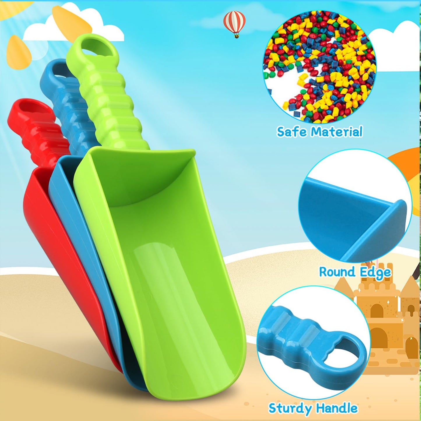 Jumbo 9" Beach Sand Shovels Toys for Kids Adults, Large Sand Beach Spade Scoop Garden Tools for Sandbox Kit Indoor Outdoor Digging Gardening, Beach Accessories Essential Gift for Travel 4 Pack