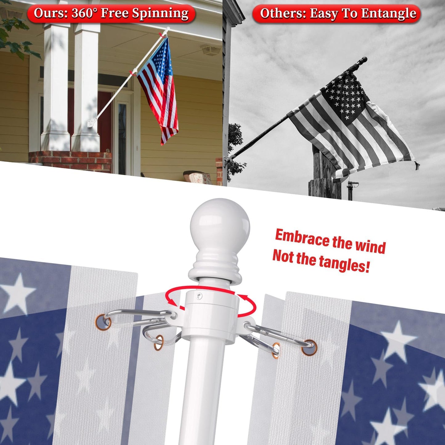 ZMTECH 5 FT Flag Pole for Outside House with Solar Light, Tangle Free Stainless Steel Flag Pole Kit, 180° Adjustable Flag Pole Holder & Flag Holder Bracket, White (No Flag)