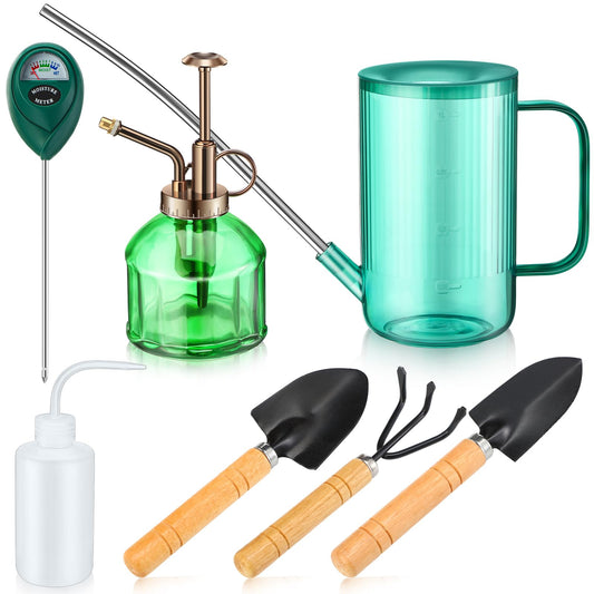 Yetene Set of 7 6.3'' Vintage Glass Plant Mister Modern 1.2l Long Spout Watering Can Squeeze Bottle Soil Moisture Meter 3 Pcs Hand Planting Tools for Indoor Outdoor Gardening Potted Flower, Green