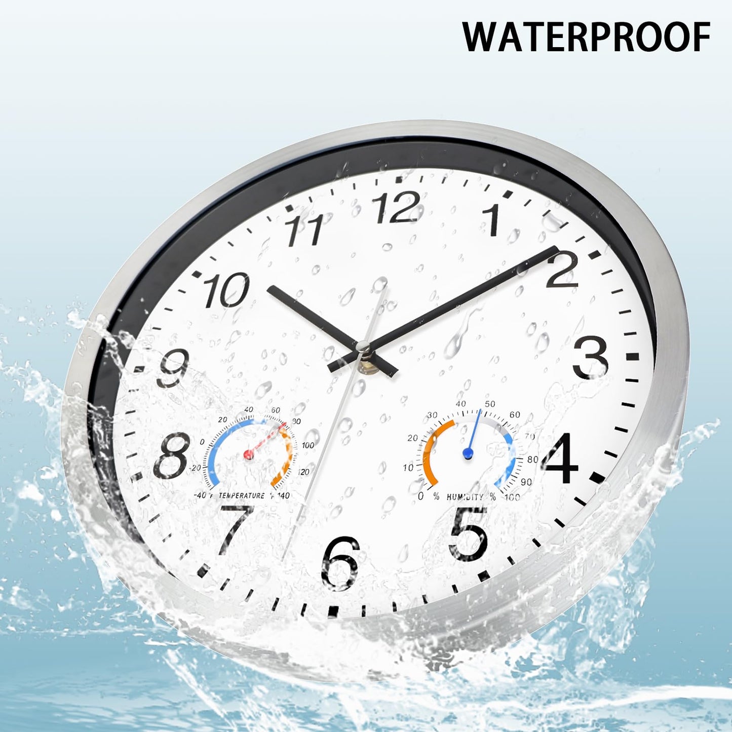 Caysie 12 Inch Indoor Outdoor Clocks Waterproof with Thermometer and Hygrometer Combo, Silent Battery Operated Quartz Metal Wall Clock for Patio Pool Bathroom Home (White)