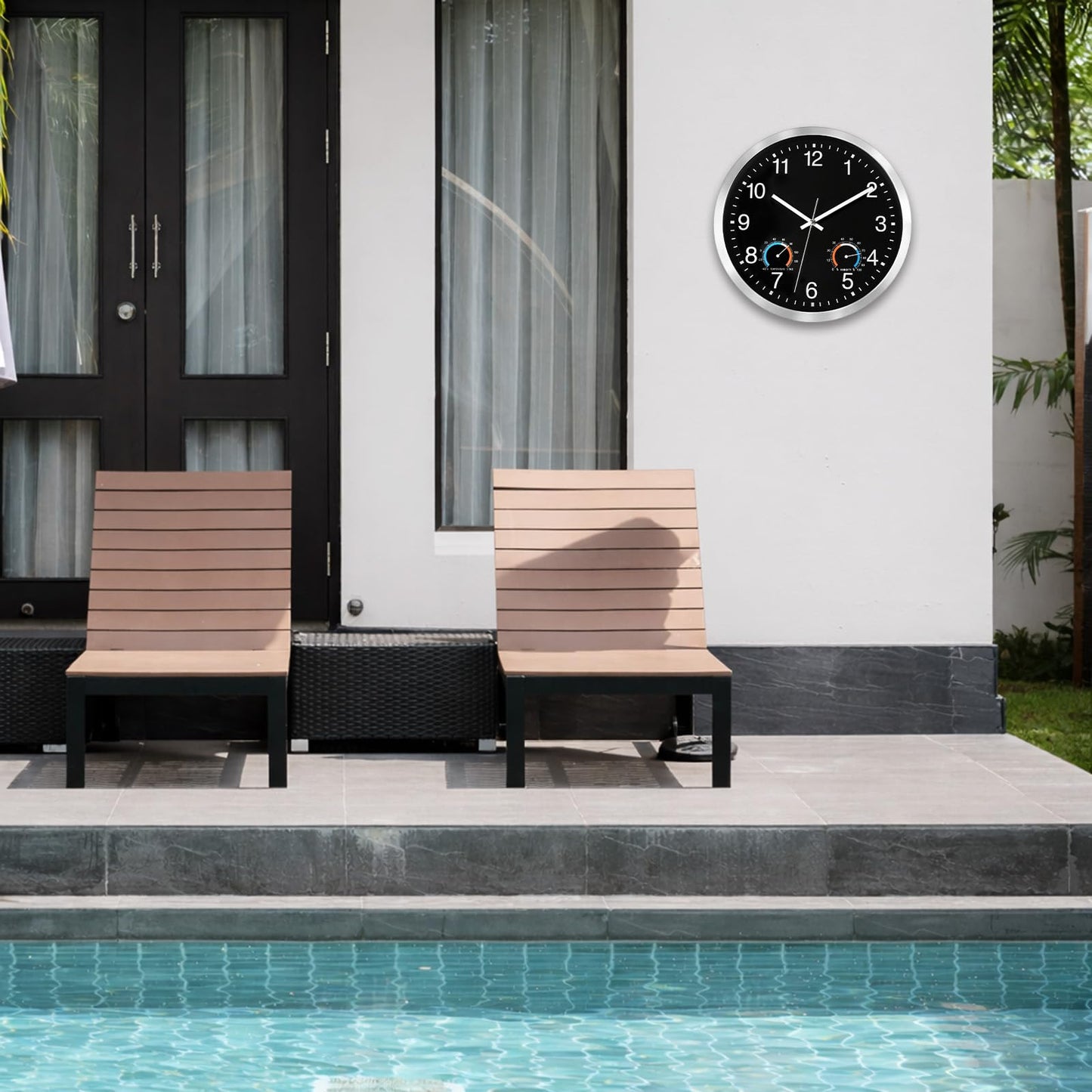 Caysie 12 Inch Indoor Outdoor Clocks Waterproof with Thermometer and Hygrometer Combo, Silent Battery Operated Quartz Metal Wall Clock for Patio Pool Bathroom Home (Black)