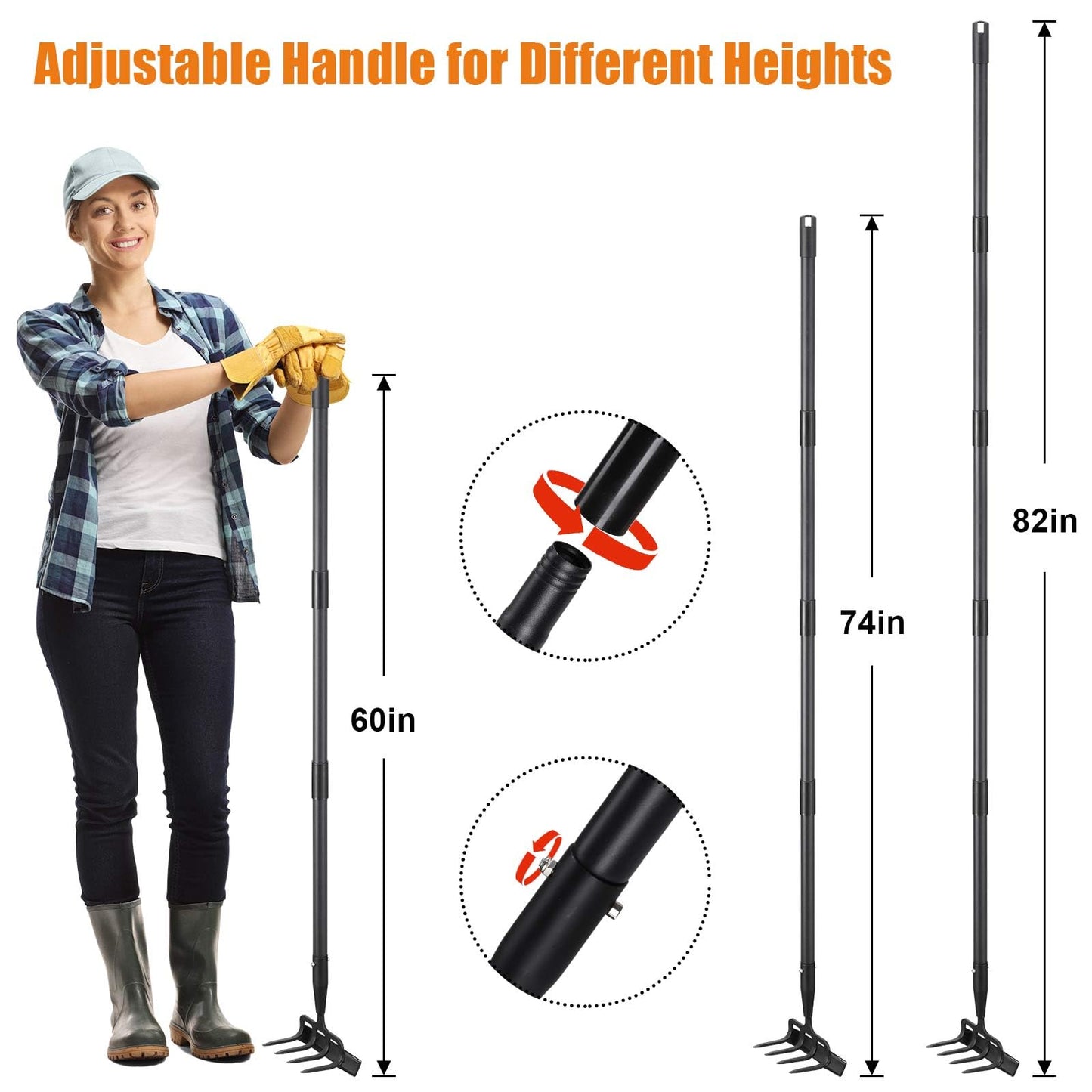 Garden Hoe with Cultivator Rake - Heavy Duty Stirrup Hoe Gardening Tool,Sharp Blade,60 Inch Adjustable Long Handle,Scuffle Action Hoes for Fast Weeding,Grass Weeder Removal,Loosen Soil