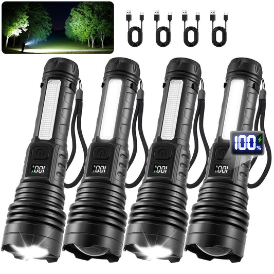 4Pack Flashlights High Lumens 9900FL, 7Mode Flashlight Rechargeable with LCD Digital Display, Rechargeable Flashlights with COB Light, Adjustable Super Bright Flashlight, Powerful Tactical Flash Light