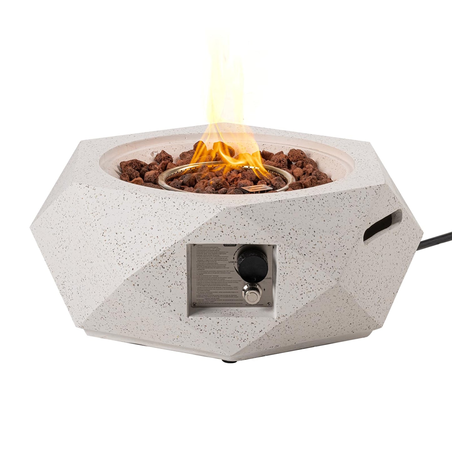 COSIEST Outdoor Propane Fire Pit Table w Terrazzo White Faux Stone 24-inch Hexagon Base, 40,000 BTU Stainless Steel Burner, Free Lava Rocks and Rain Cover