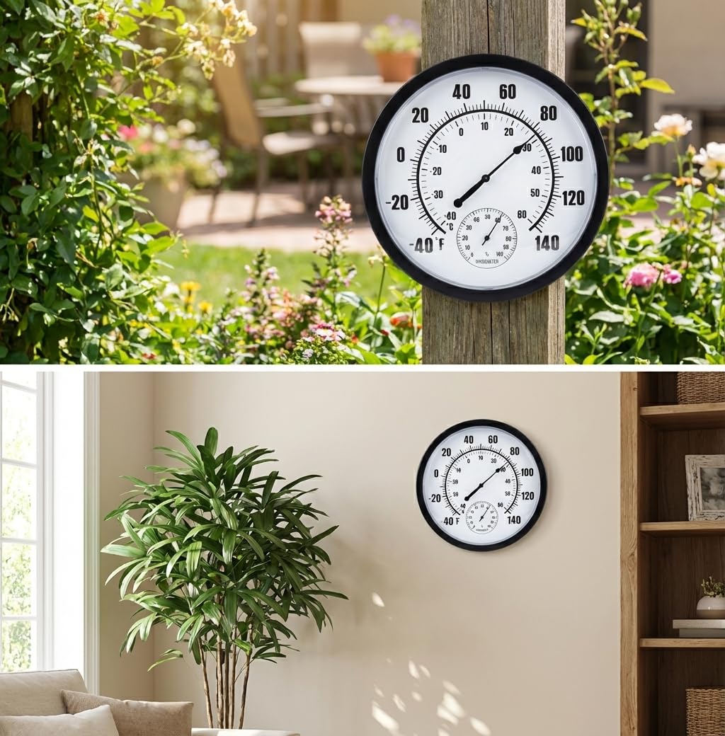 QTengCX 10 Inch Large Indoor Outdoor Thermometer & Hygrometer - Waterproof Analog Wall Thermometer for Patio, Garden, Garage, Greenhouse - Decorative Dial, No Battery Needed, Black